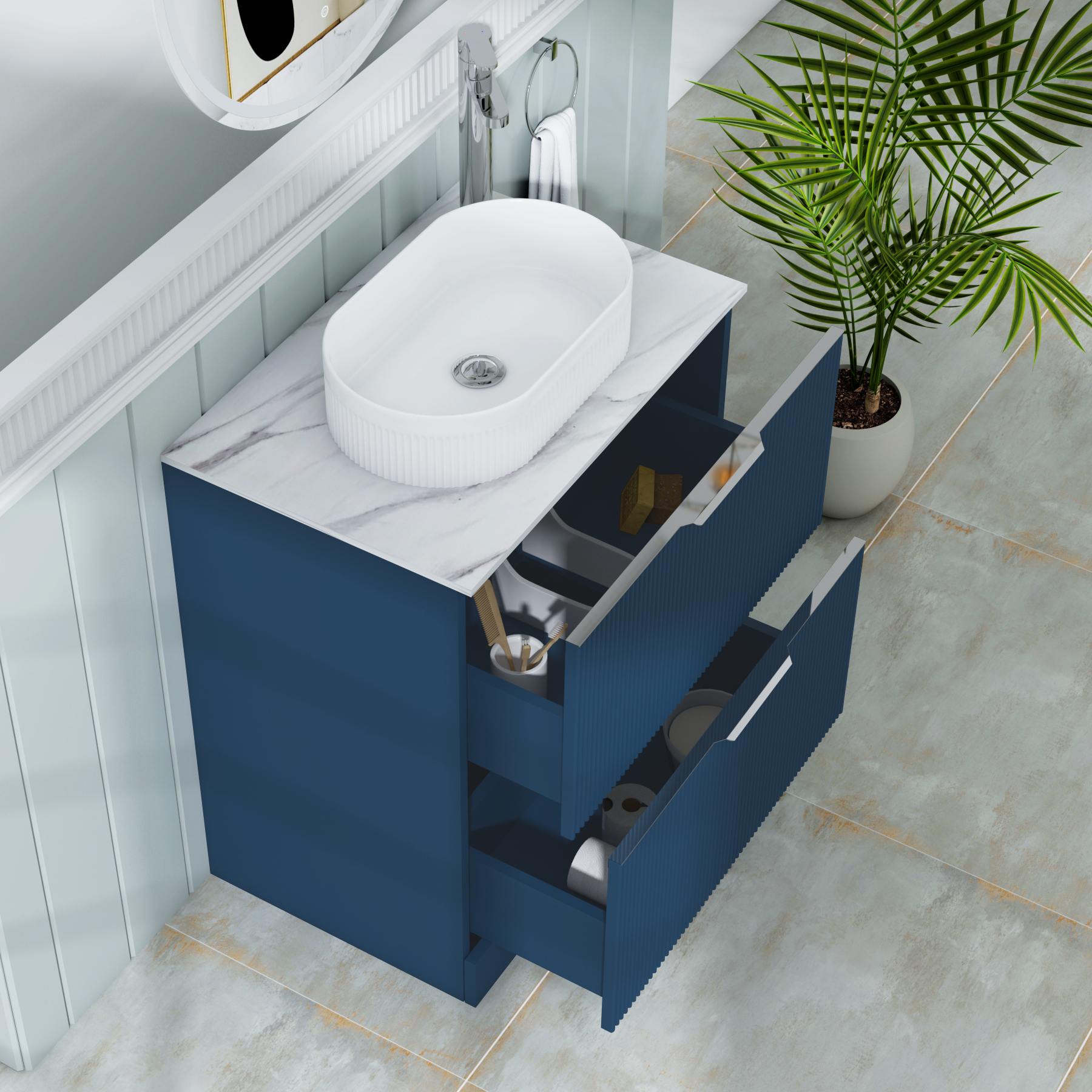 Evora 700mm Midnight Blue Fluted Floor Standing Countertop Vanity Unit 2 Drawer with Lyon Basin