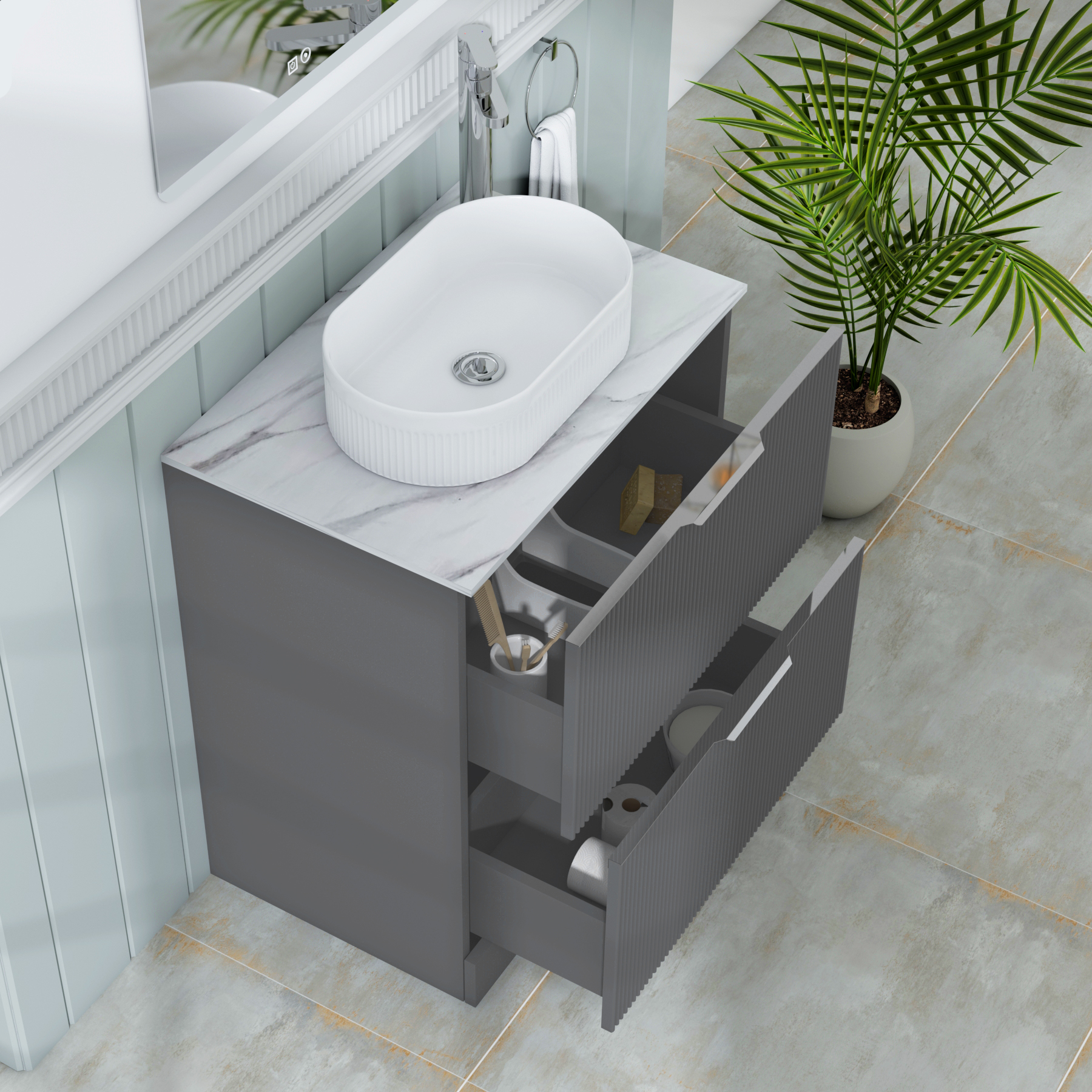 Evora 700mm Graphite Grey Fluted Floor Standing Countertop Vanity Unit 2 Drawer with Lyon Basin