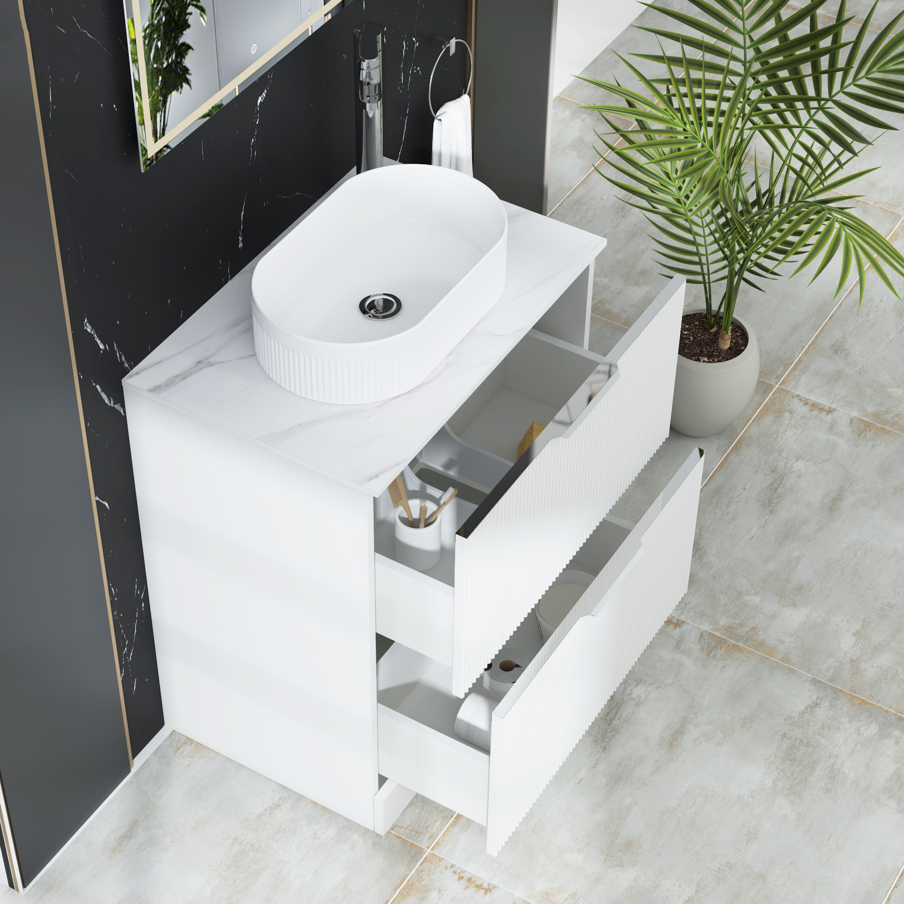 Evora 700mm Matt White Fluted Floor Standing Countertop Vanity Unit 2 Drawer with Lyon Basin
