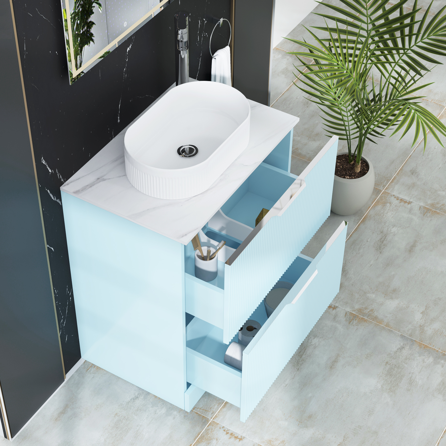 Evora 700mm Powder Blue Fluted Floor Standing Countertop Vanity Unit 2 Drawer with Lyon Basin