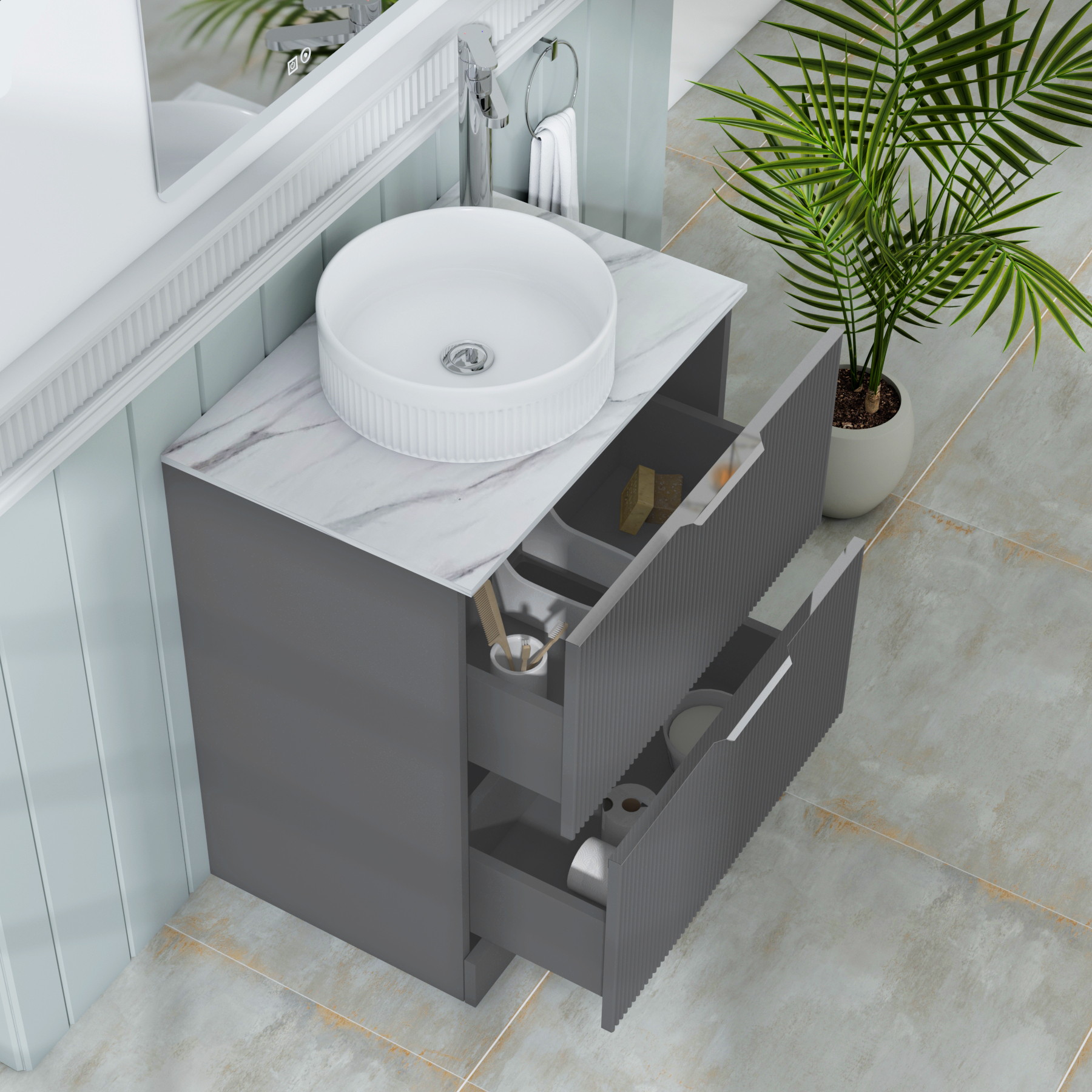 Evora 700mm Graphite Grey Fluted Floor Standing Countertop Vanity Unit 2 Drawer with Round Basin