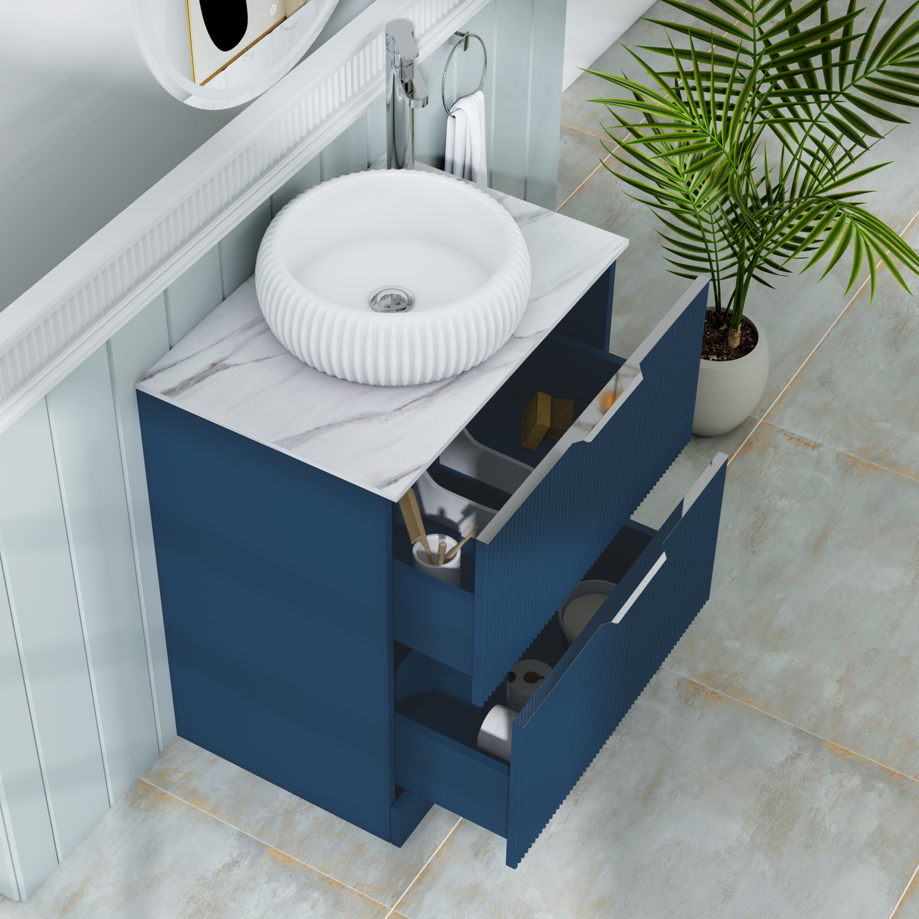 Evora 700mm Midnight Blue Fluted Floor Standing Countertop Vanity Unit 2 Drawer with Milan Basin