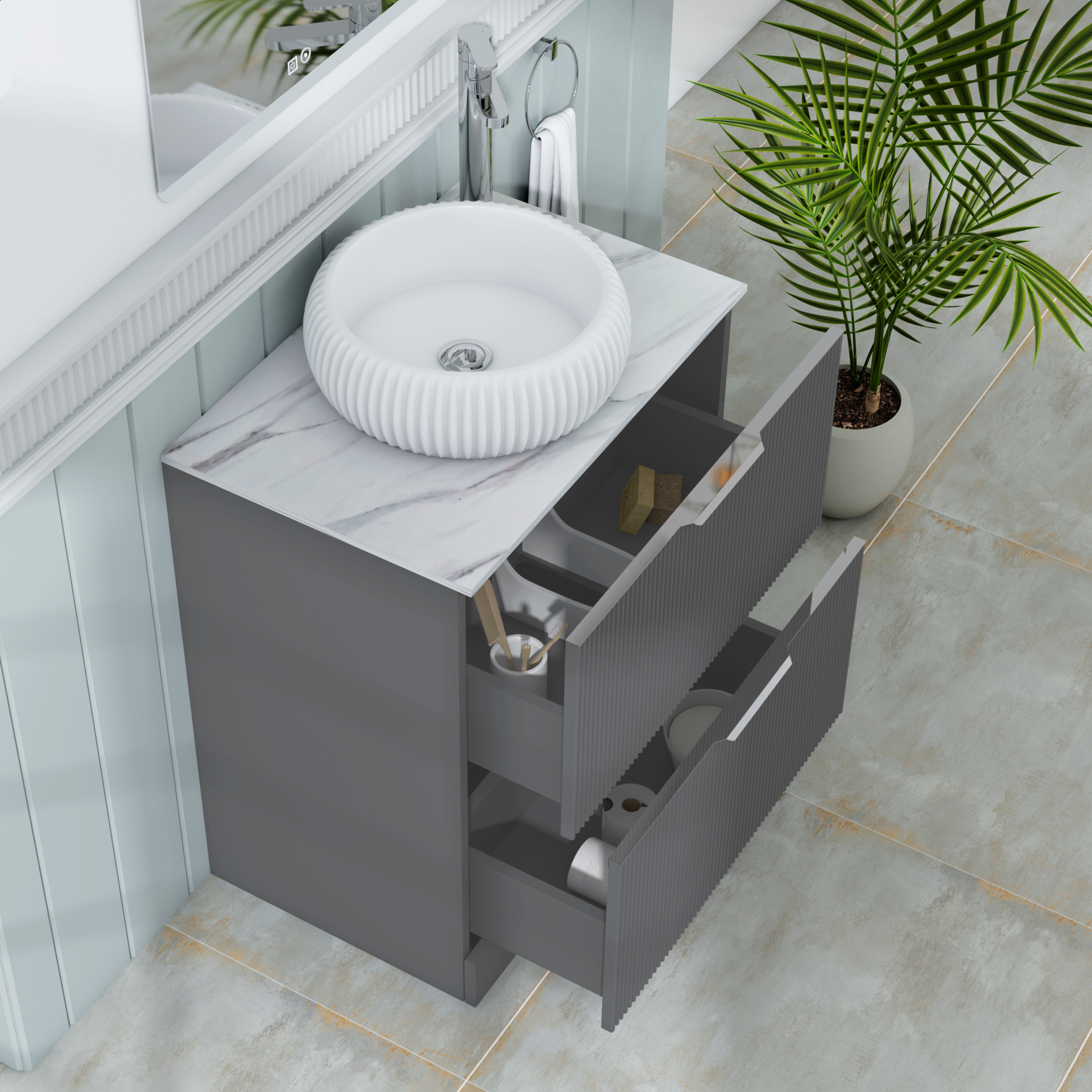 Evora 700mm Graphite Grey Fluted Floor Standing Countertop Vanity Unit 2 Drawer with Milan Basin