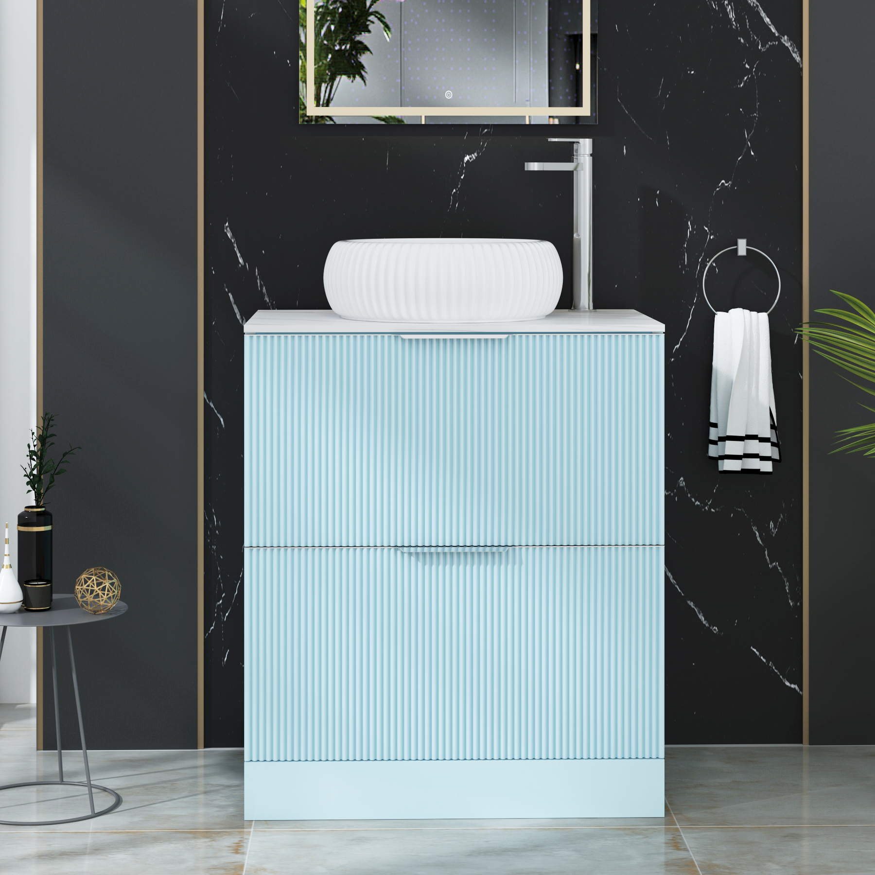 Evora 700mm Matt Blue Fluted Floor Standing Countertop Vanity Unit 2 Drawer with Milan Basin