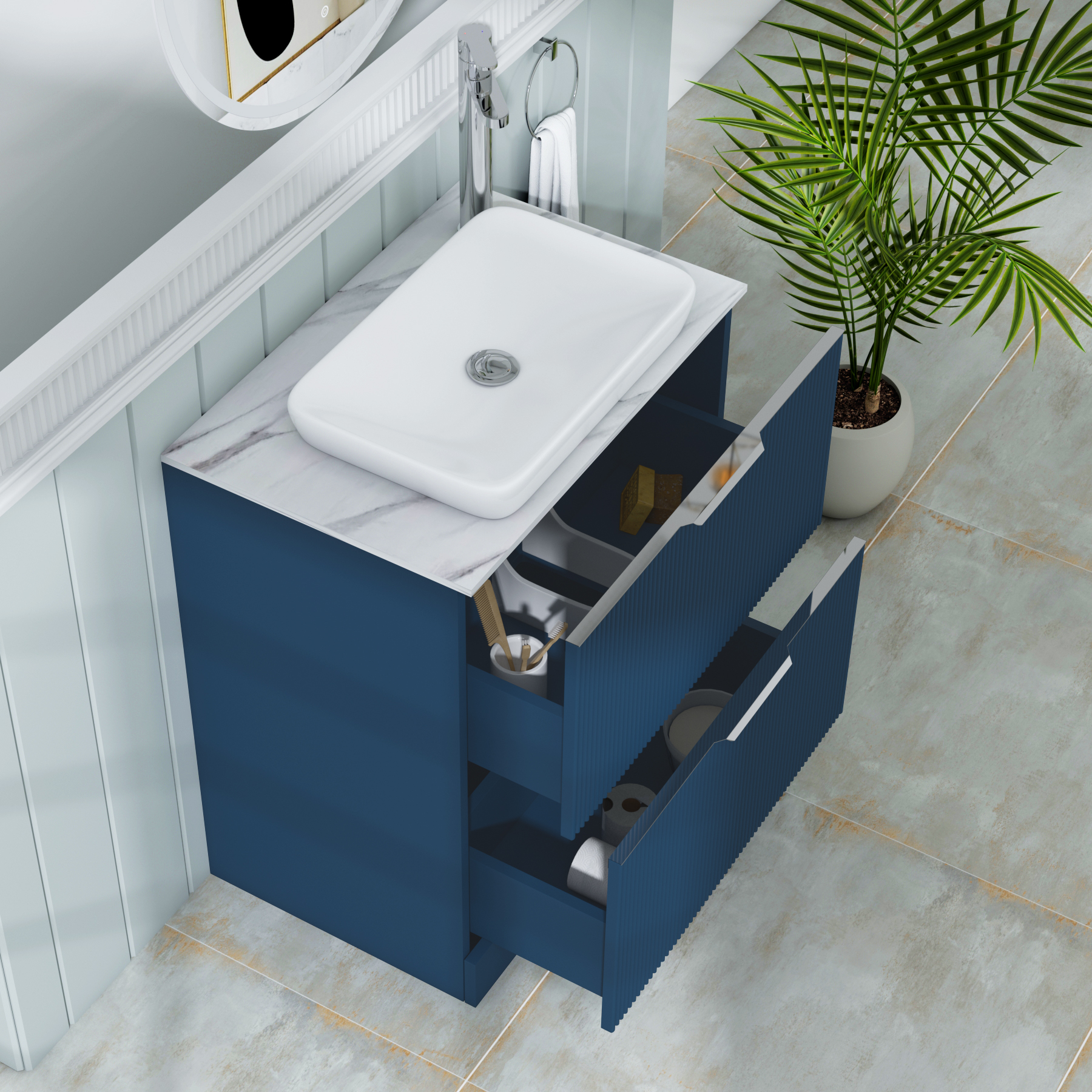 Evora 700mm Midnight Blue Fluted Floor Standing Countertop Vanity Unit 2 Drawer with Qubix Basin