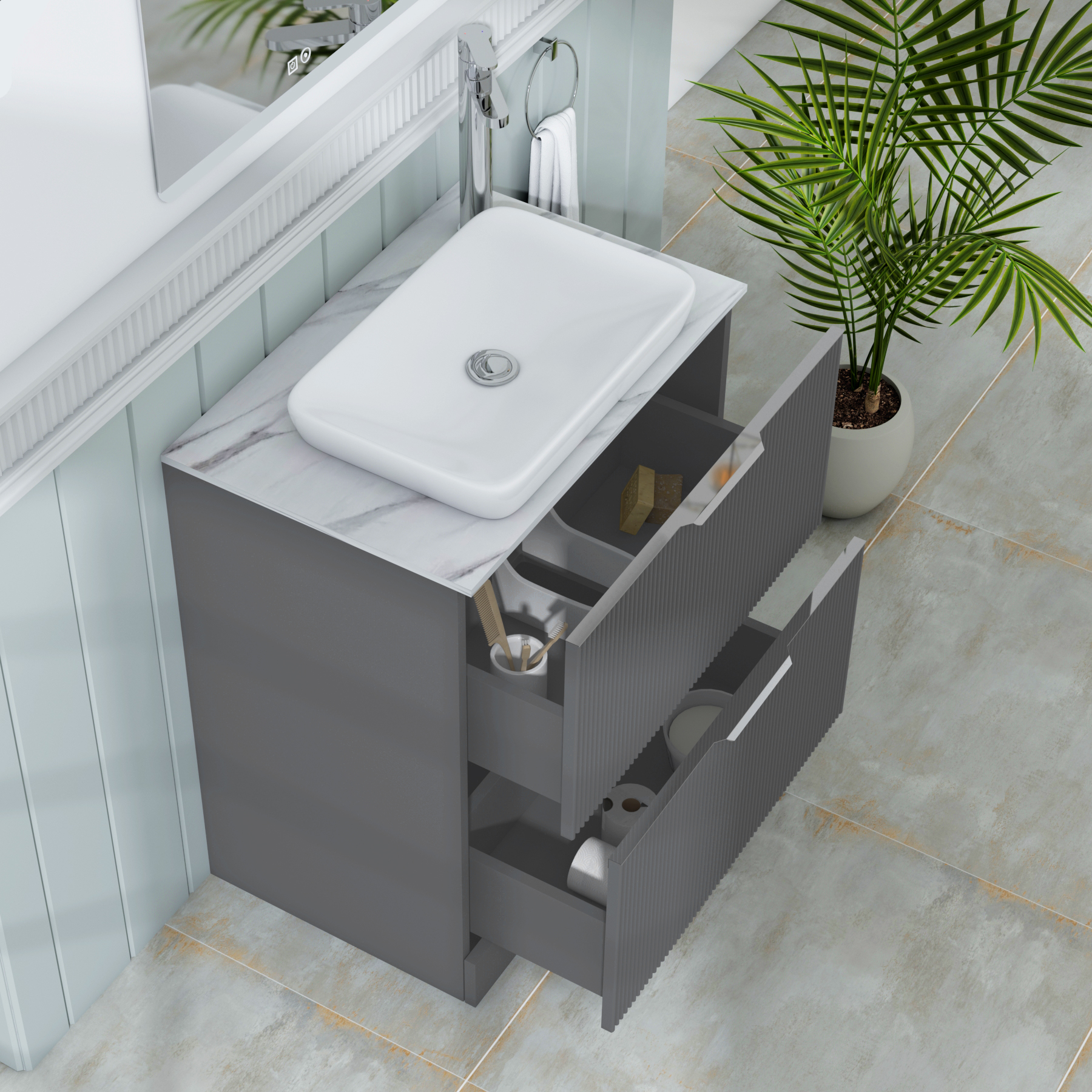 Evora 700mm Graphite Grey Fluted Floor Standing Countertop Vanity Unit 2 Drawer with Qubix Basin
