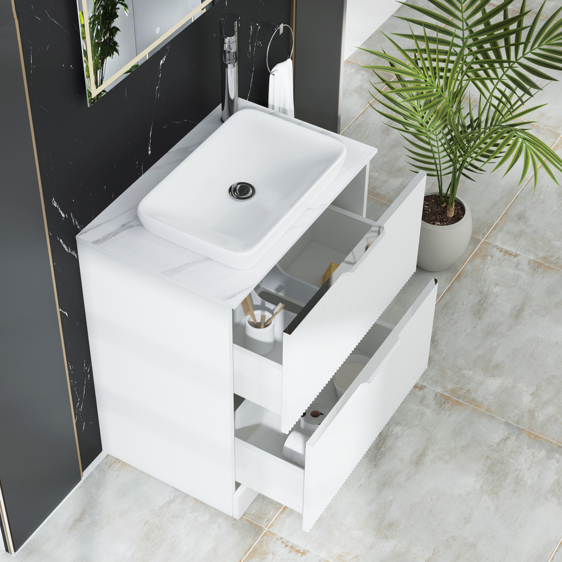 Evora 700mm Matt White Fluted Floor Standing Countertop Vanity Unit 2 Drawer with Qubix Basin