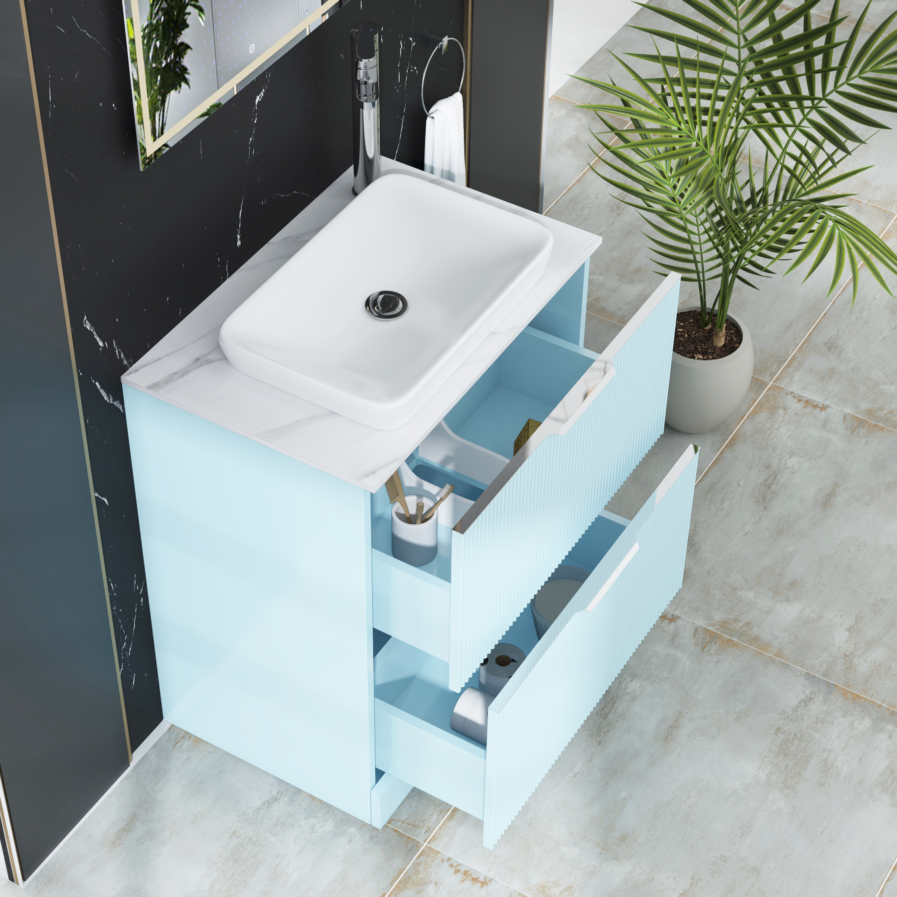 Evora 700mm Powder Blue Fluted Floor Standing Countertop Vanity Unit 2 Drawer with Qubix Basin