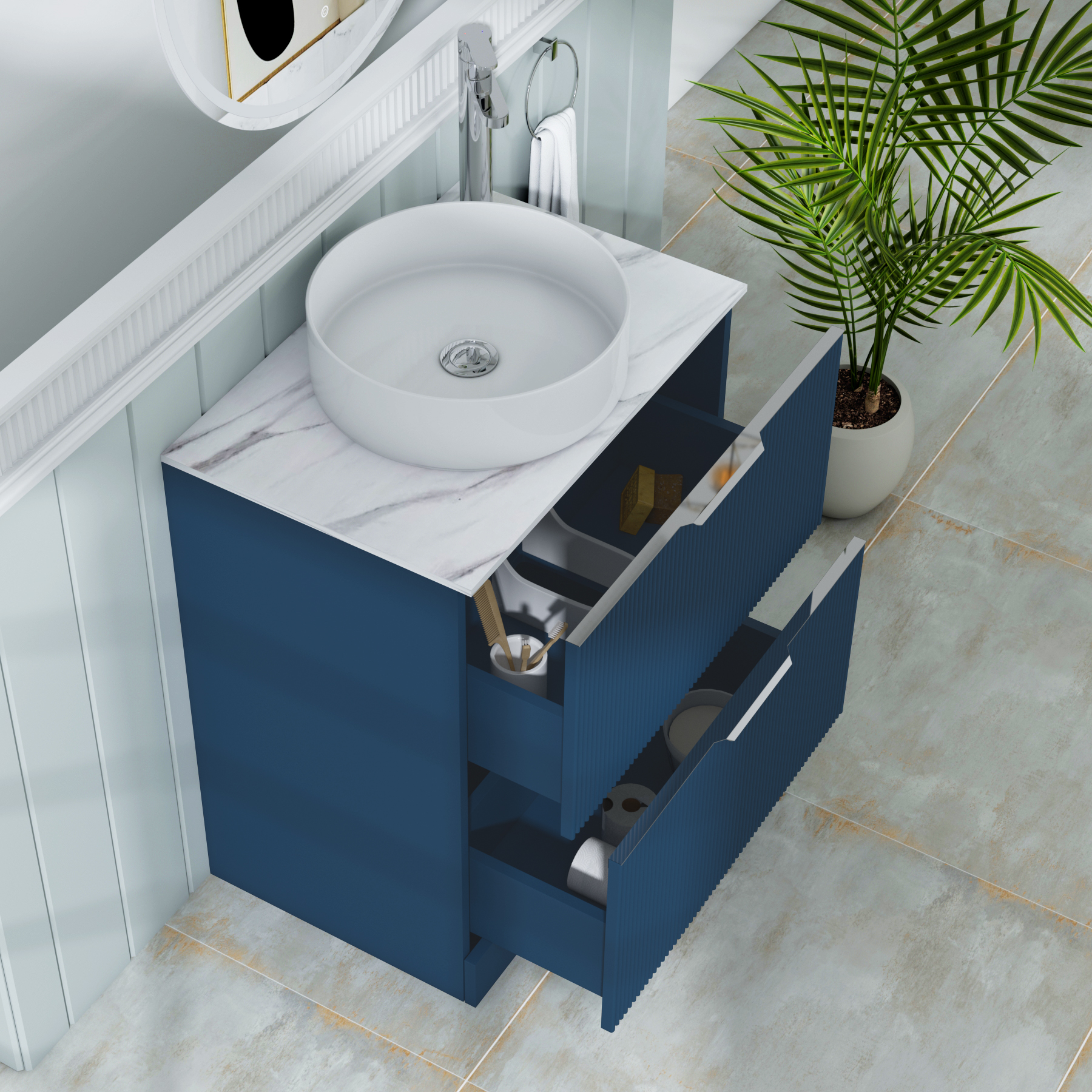 Evora 700mm Midnight Blue Fluted Floor Standing Vanity Unit 2 Drawer with Carrara White Worktop