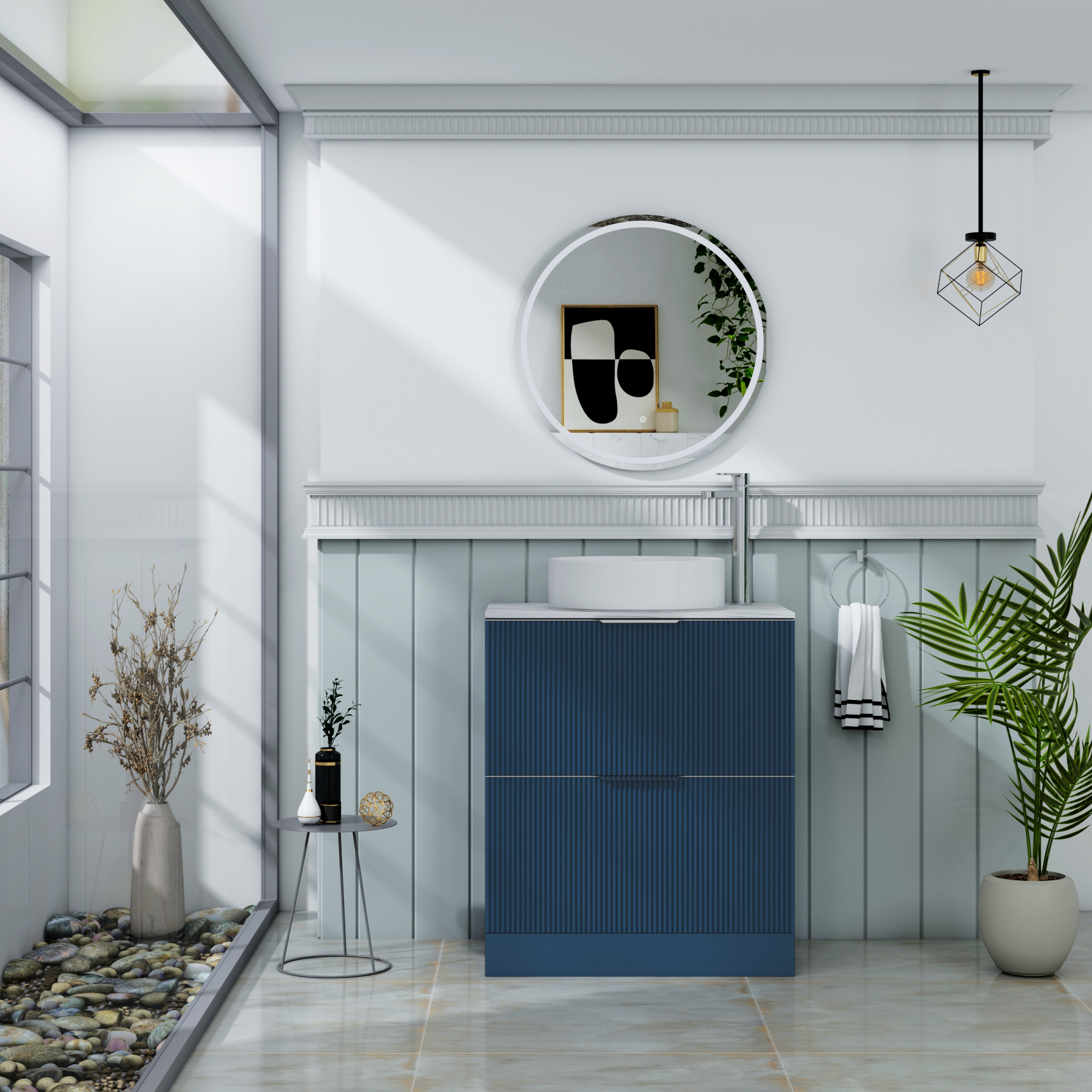 Evora 700mm Midnight Blue Fluted Floor Standing Vanity Unit 2 Drawer with Carrara White Worktop