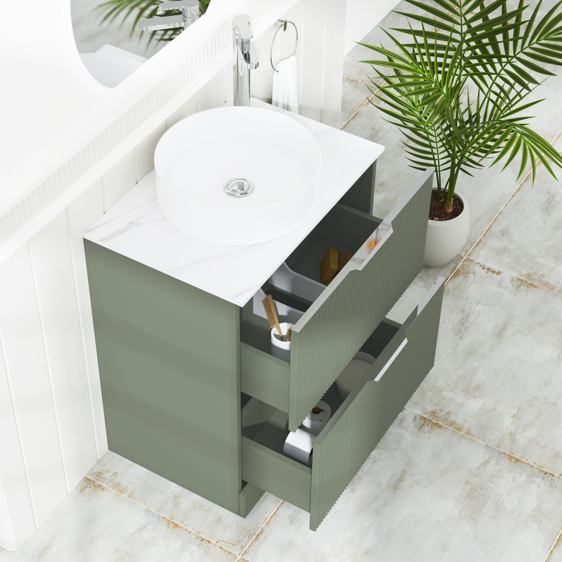 Evora 700mm Sage Green Fluted Floor Standing Countertop Vanity Unit 2 Drawer with Art Basin