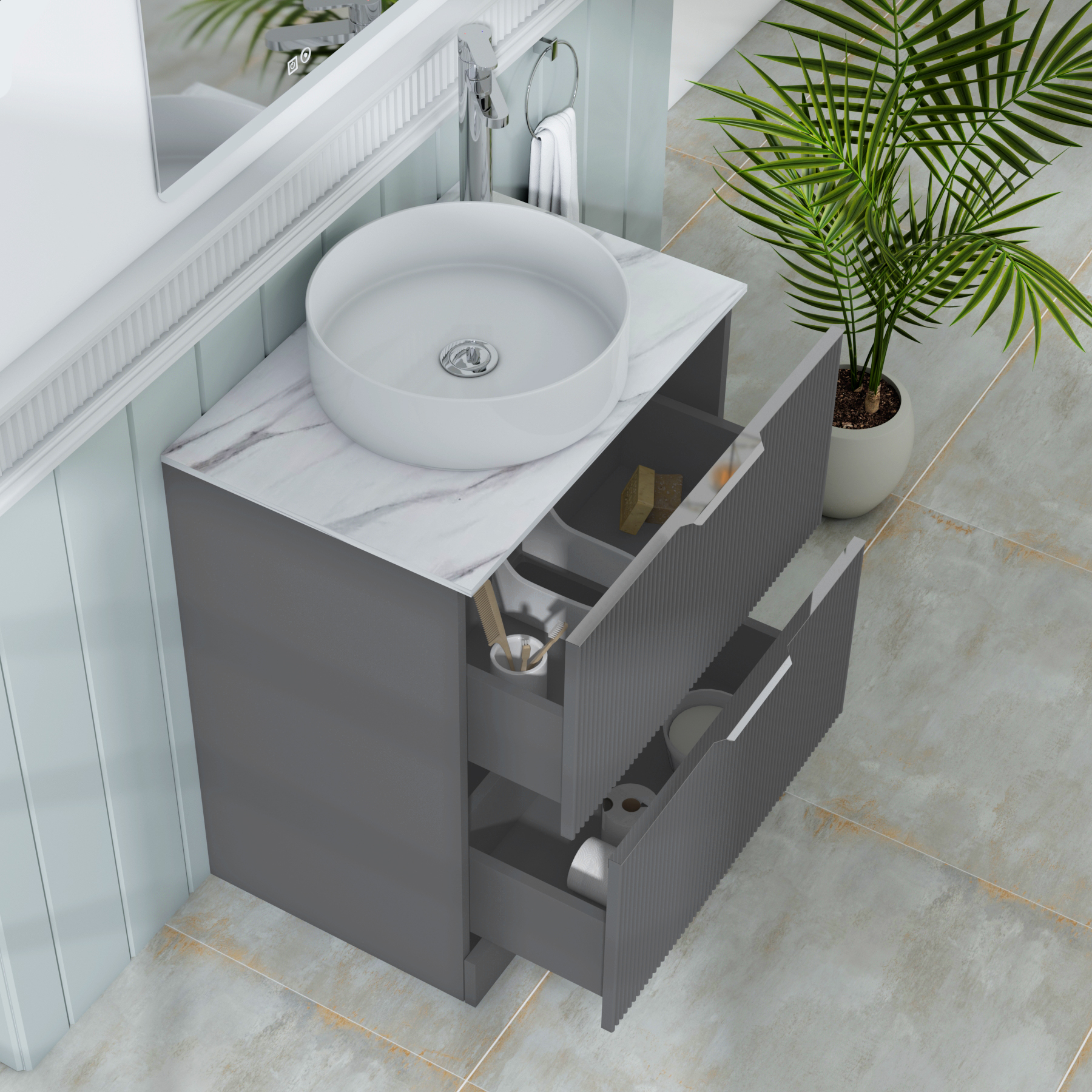 Evora 700mm Graphite Grey Fluted Floor Standing Vanity Unit 2 Drawer with Carrara White Worktop
