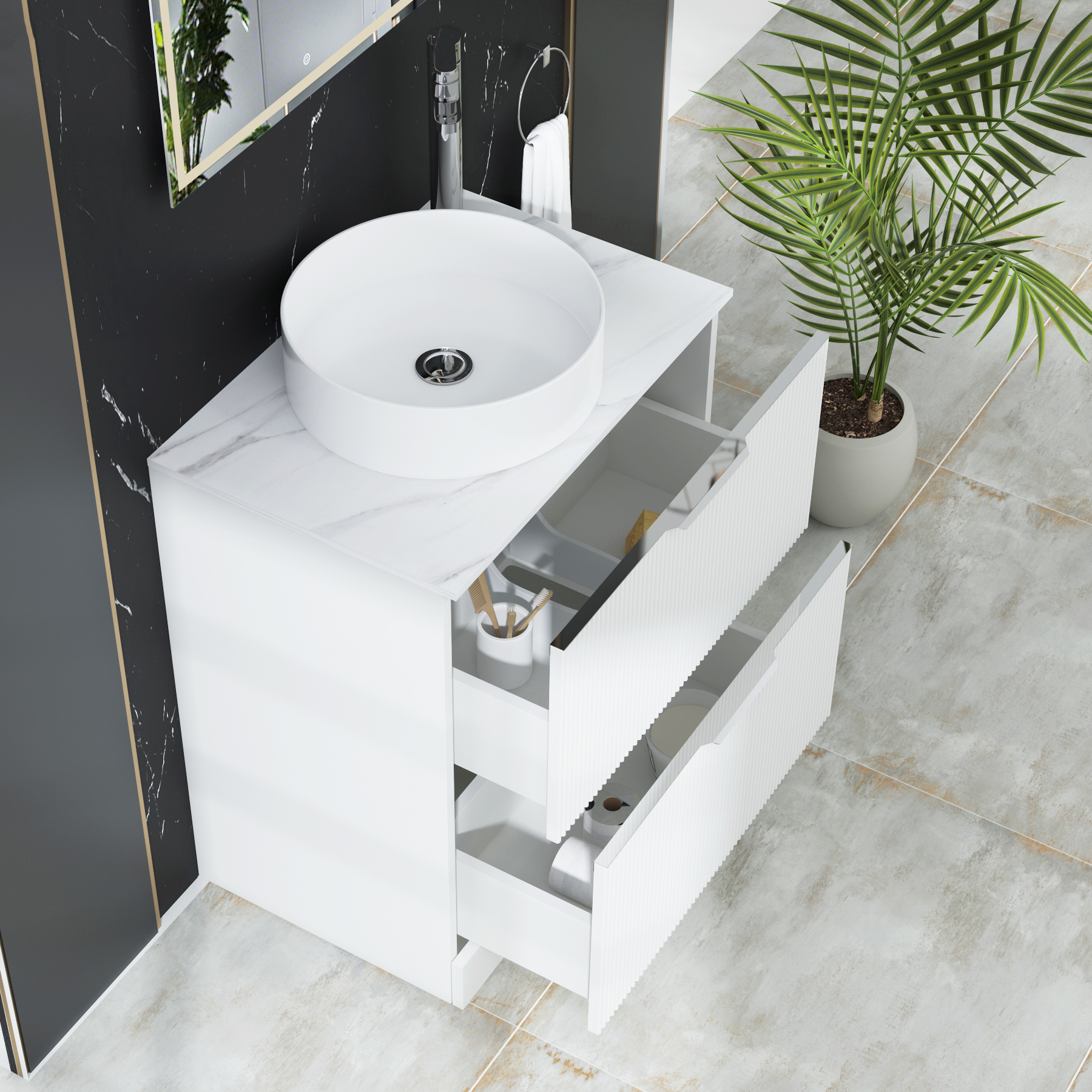 Evora 700mm Matt White Fluted Floor Standing Countertop Vanity Unit 2 Drawer with Art Basin