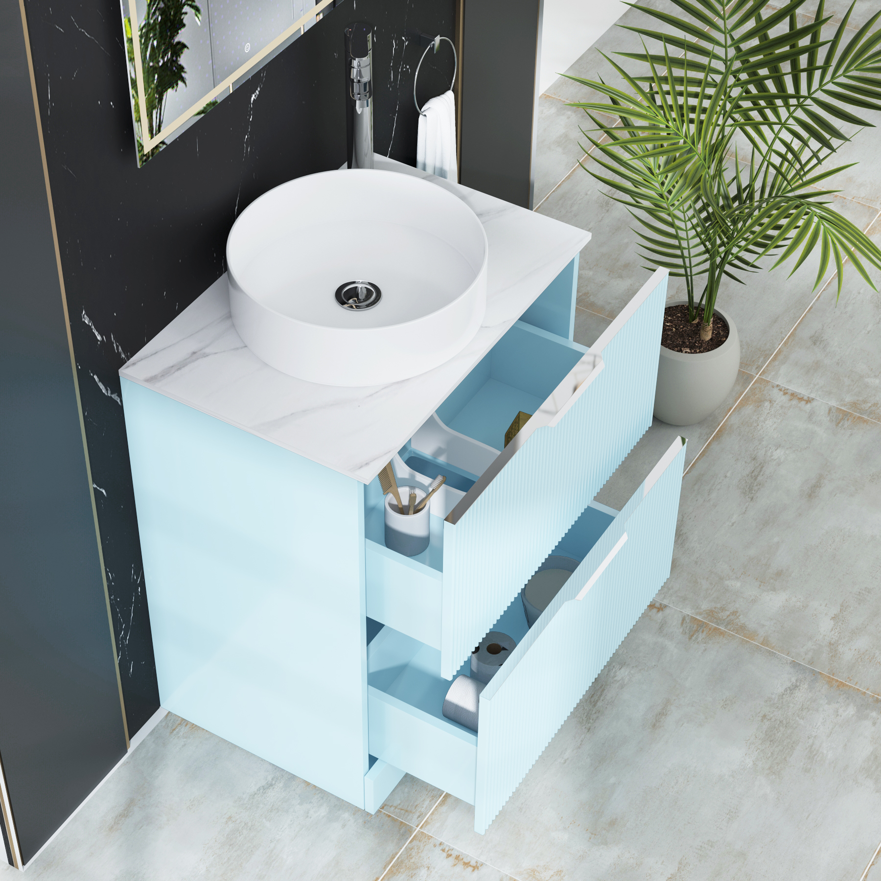Evora 700mm Powder Blue Fluted Floor Standing Countertop Vanity Unit 2 Drawer with Art Basin
