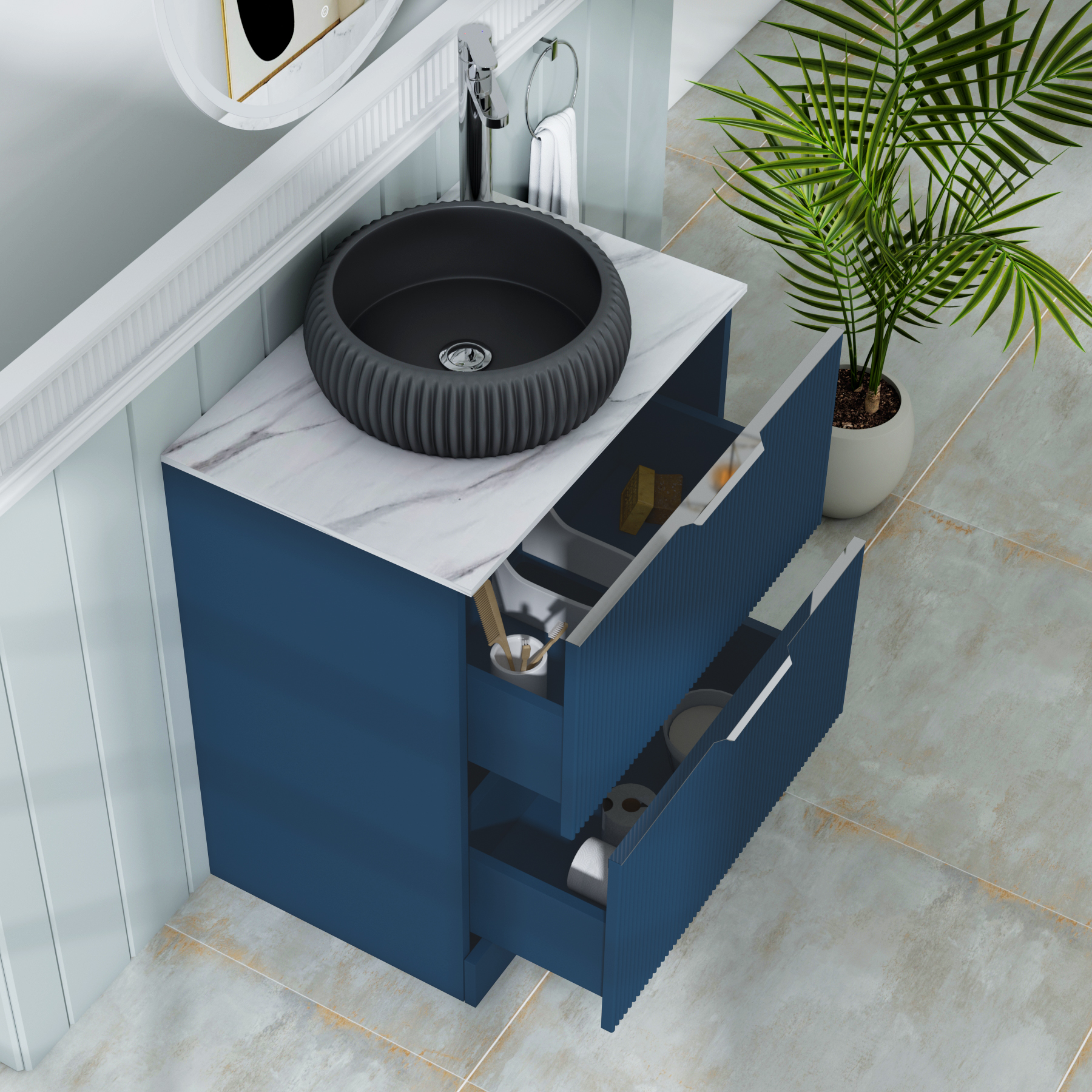 Evora 700mm Midnight Blue Fluted Floor Standing Countertop Vanity Unit 2 Drawer with Milan Black Basin