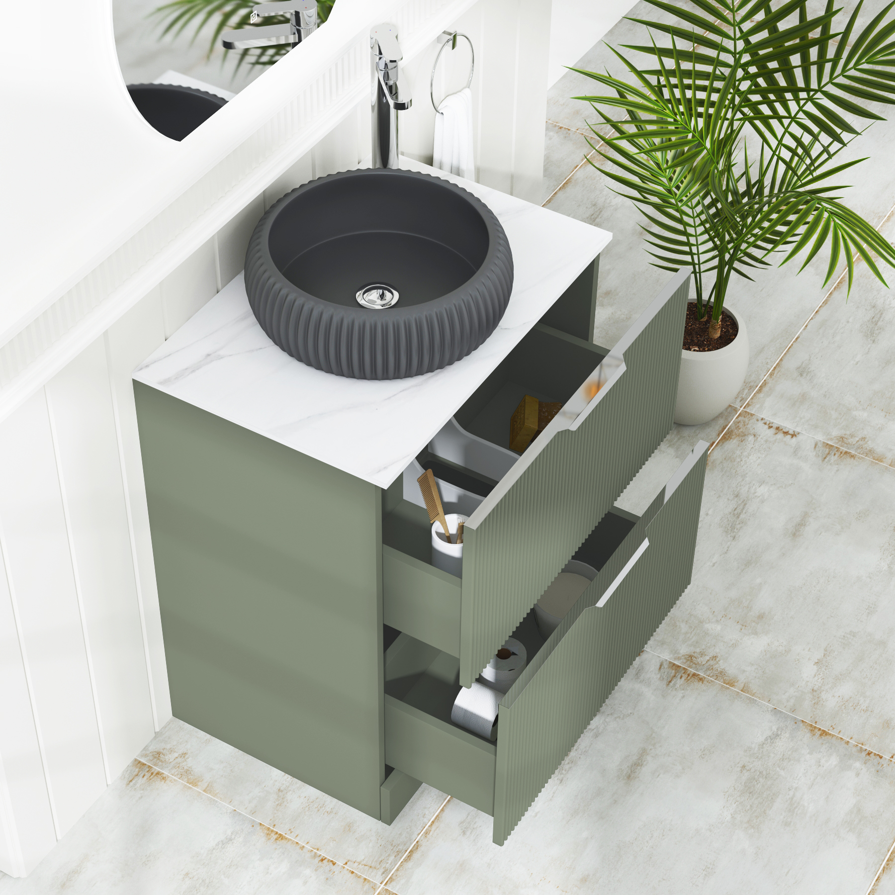 Evora 700mm Sage Green Fluted Floor Standing Countertop Vanity Unit 2 Drawer with Milan Black Basin