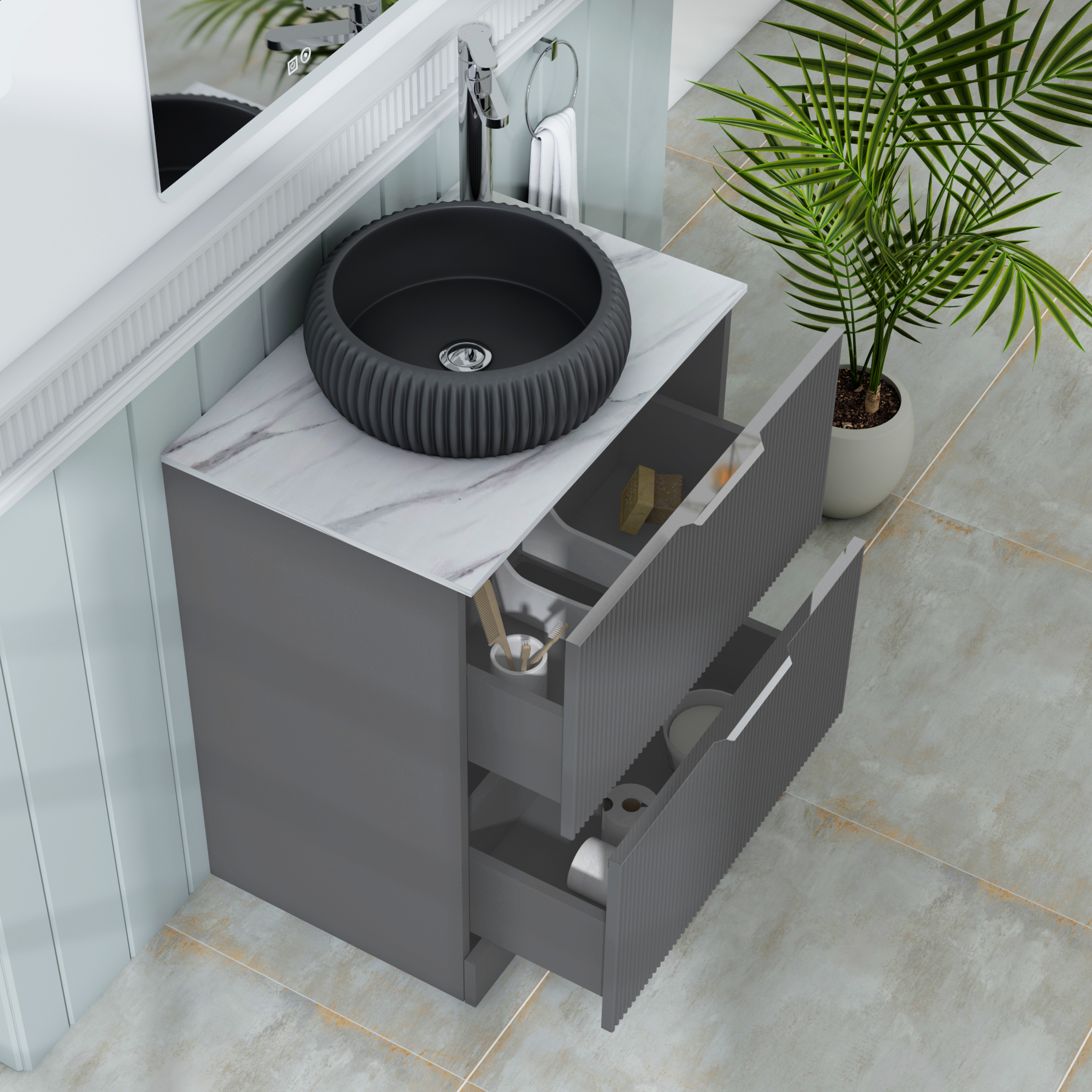 Evora 700mm Graphite Grey Fluted Floor Standing Countertop Vanity Unit 2 Drawer with Milan Black Basin