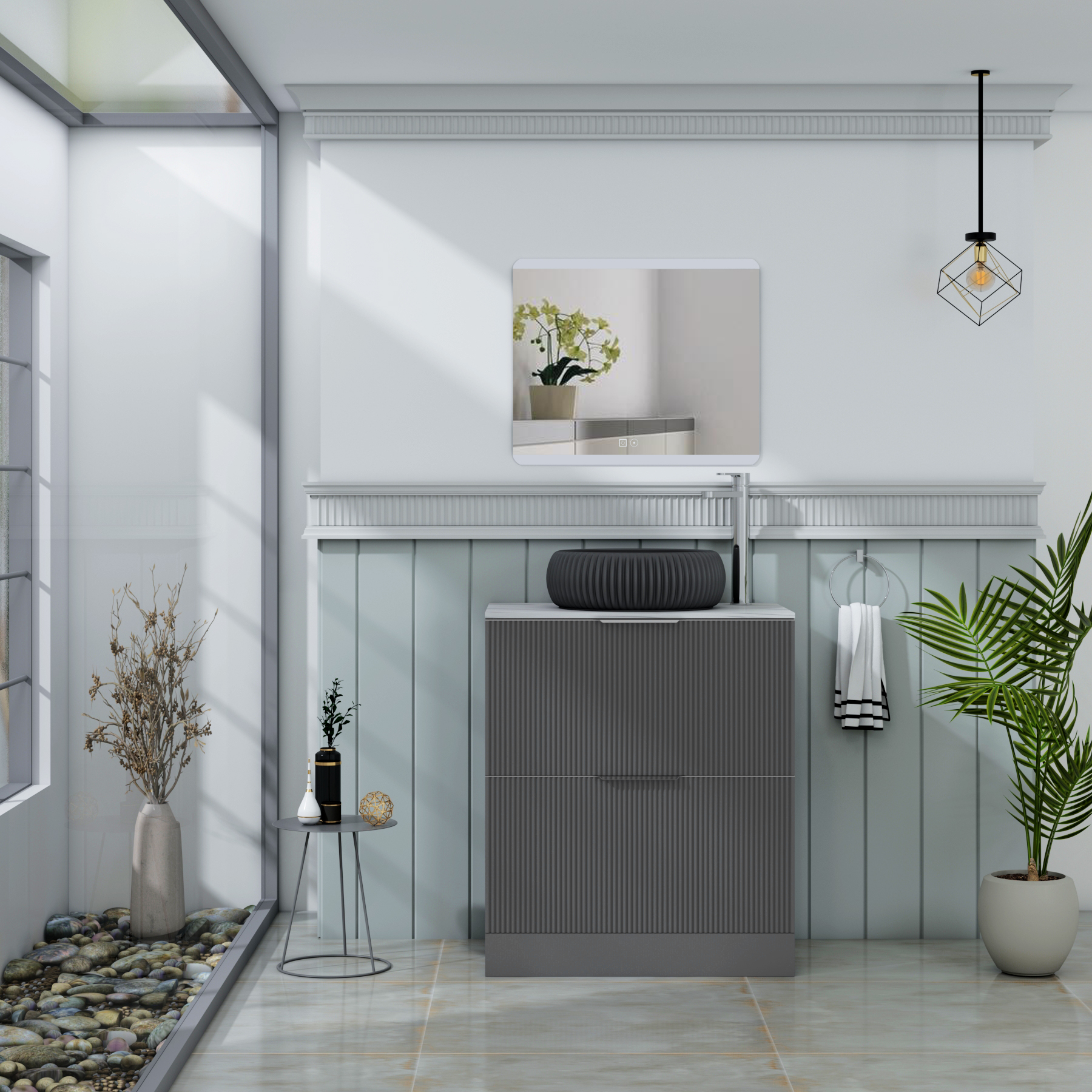 Evora 700mm Graphite Grey Fluted Floor Standing Countertop Vanity Unit 2 Drawer with Milan Black Basin