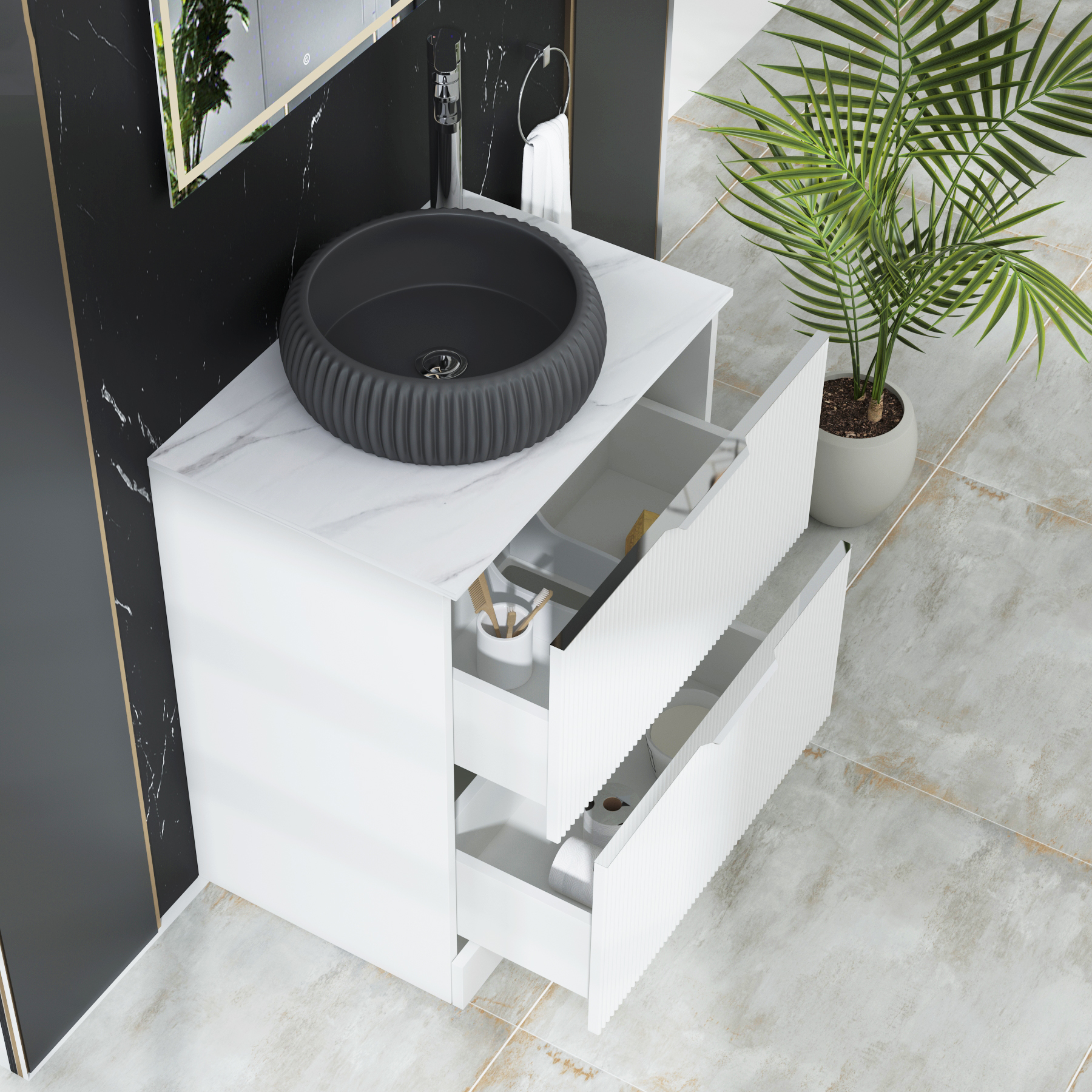 Evora 700mm Matt White Fluted Floor Standing Countertop Vanity Unit 2 Drawer with Milan Black Basin