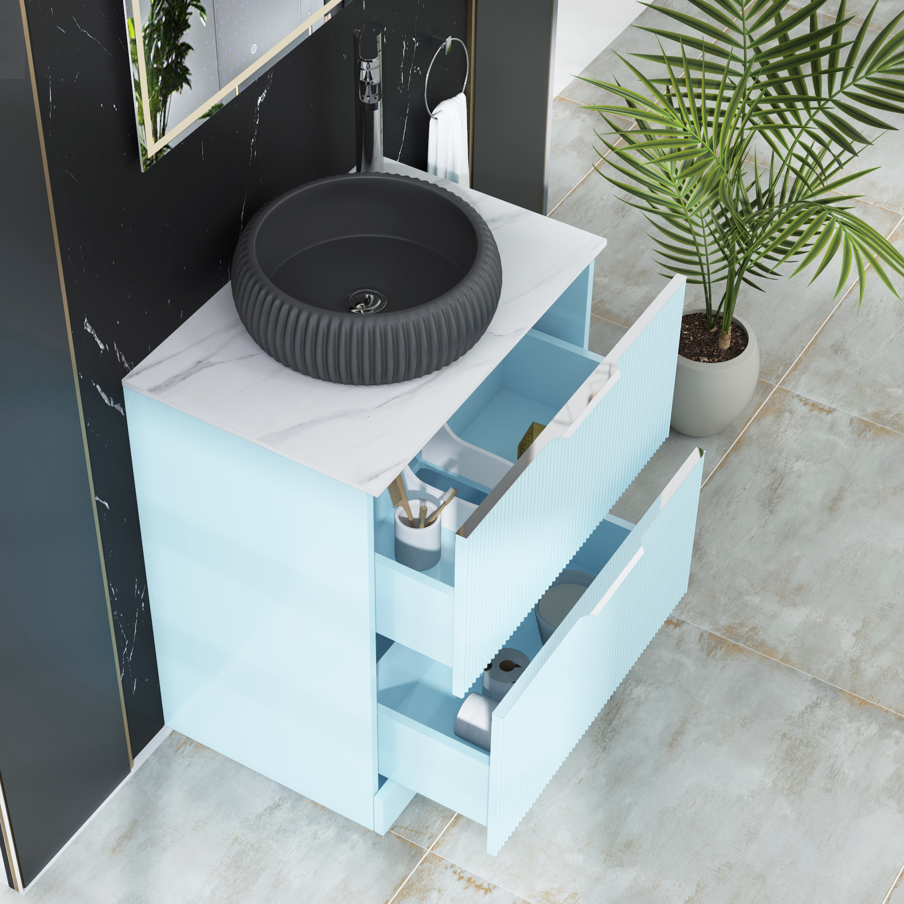 Evora 700mm Powder Blue Fluted Floor Standing Countertop Vanity Unit 2 Drawer with Milan Black Basin