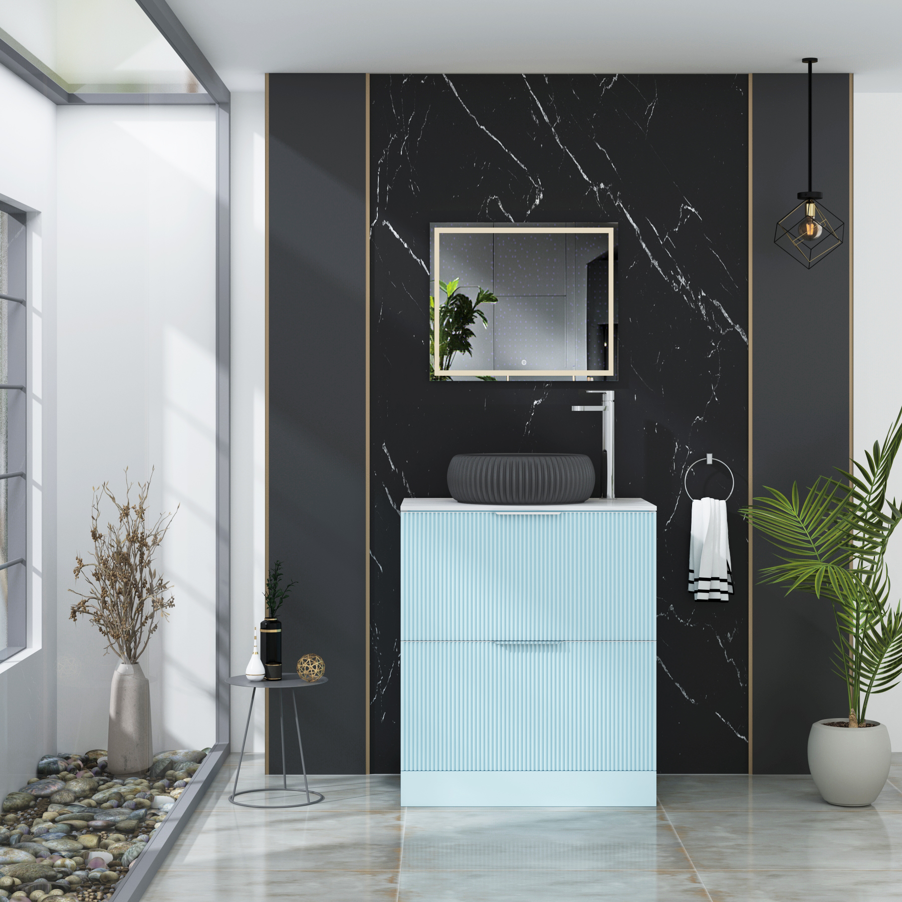 Evora 700mm Powder Blue Fluted Floor Standing Countertop Vanity Unit 2 Drawer with Milan Black Basin