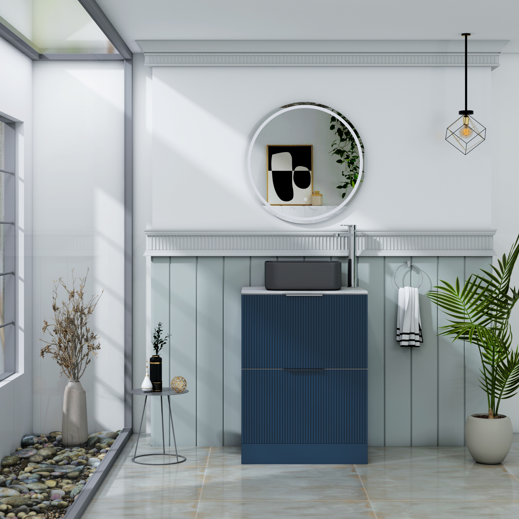 Evora Fluted 2 Drawer Midnight Blue Floor Standing Vanity Unit with Carrara White Top & Countertop Basin