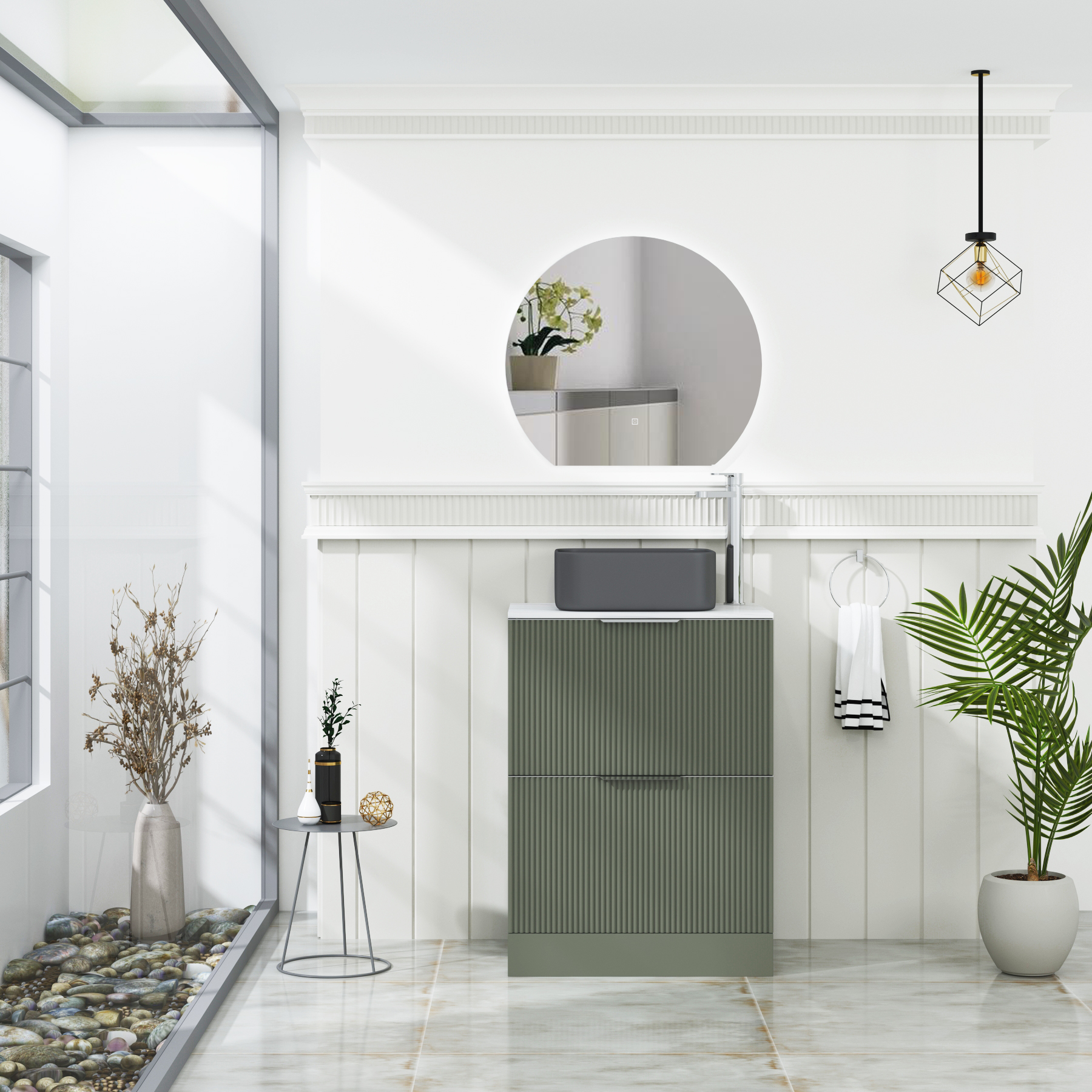 Evora Fluted 2 Drawer Sage Green Floor Standing Vanity Unit with Carrara White Top & Countertop Basin