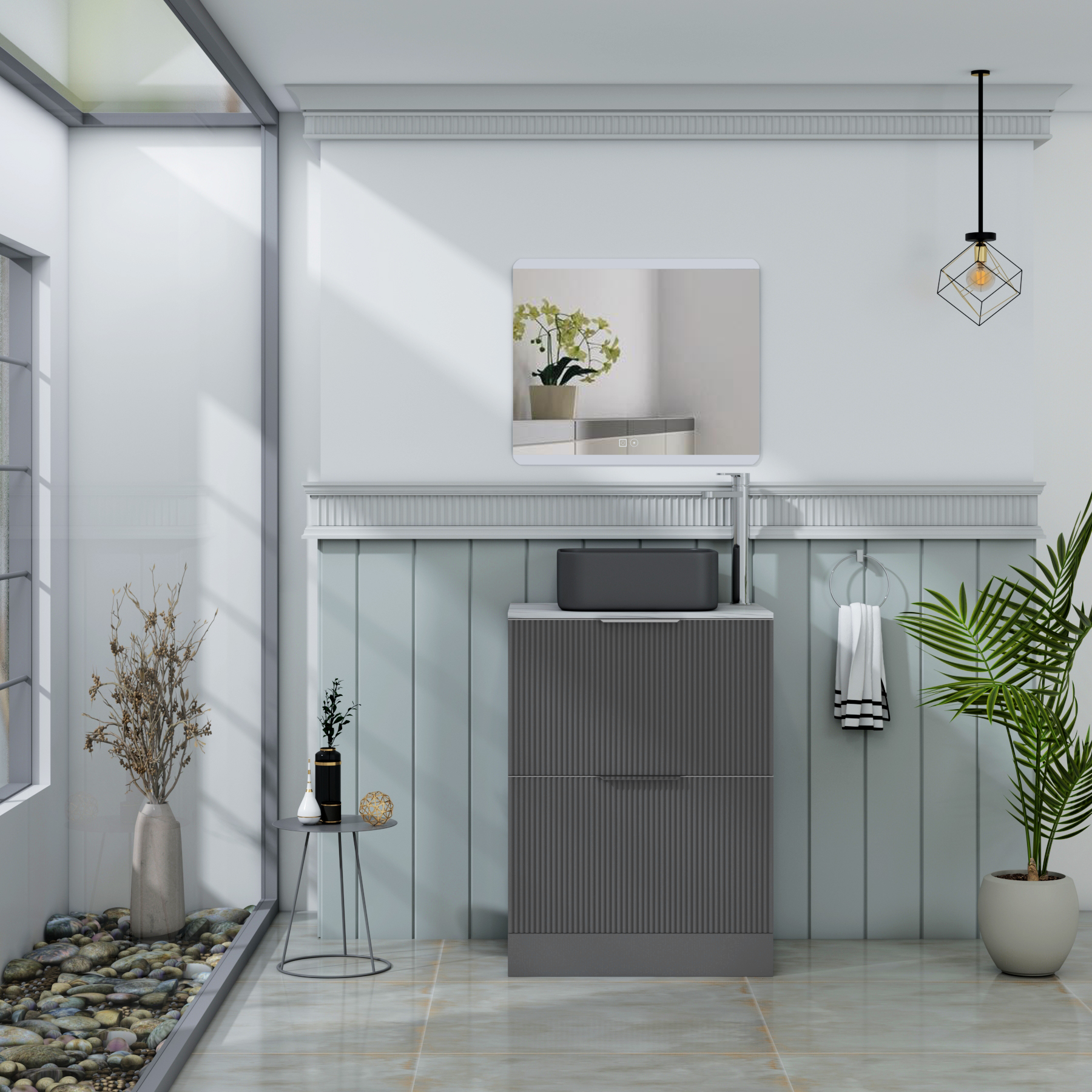 Evora Fluted 2 Drawer Graphite Grey Floor Standing Vanity Unit with Carrara White Top & Countertop Basin