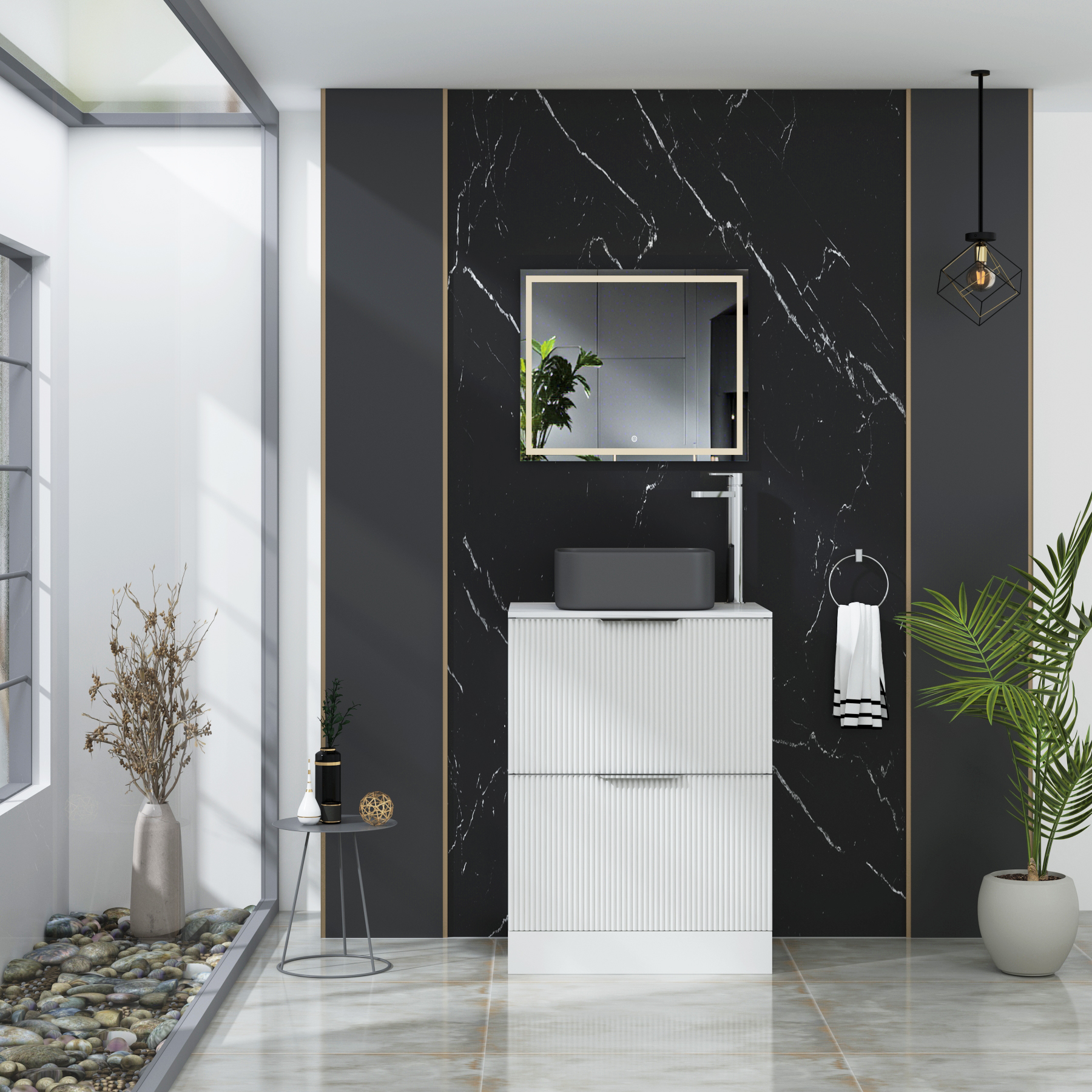 Evora Fluted 2 Drawer Matt White Floor Standing Vanity Unit with Carrara White Top & Countertop Basin