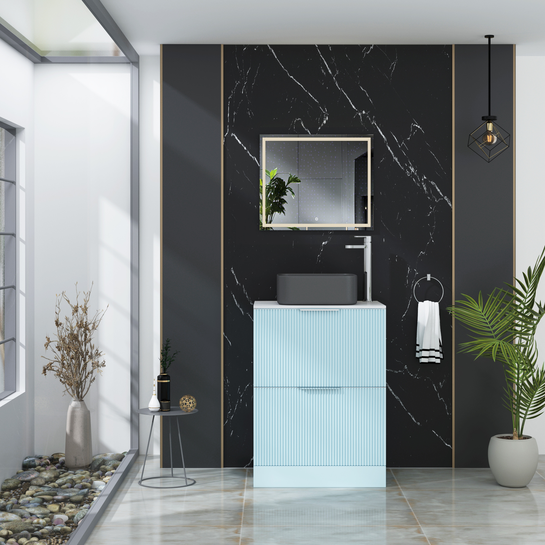 Evora Fluted 2 Drawer Powder Blue Floor Standing Vanity Unit with Carrara White Top & Countertop Basin