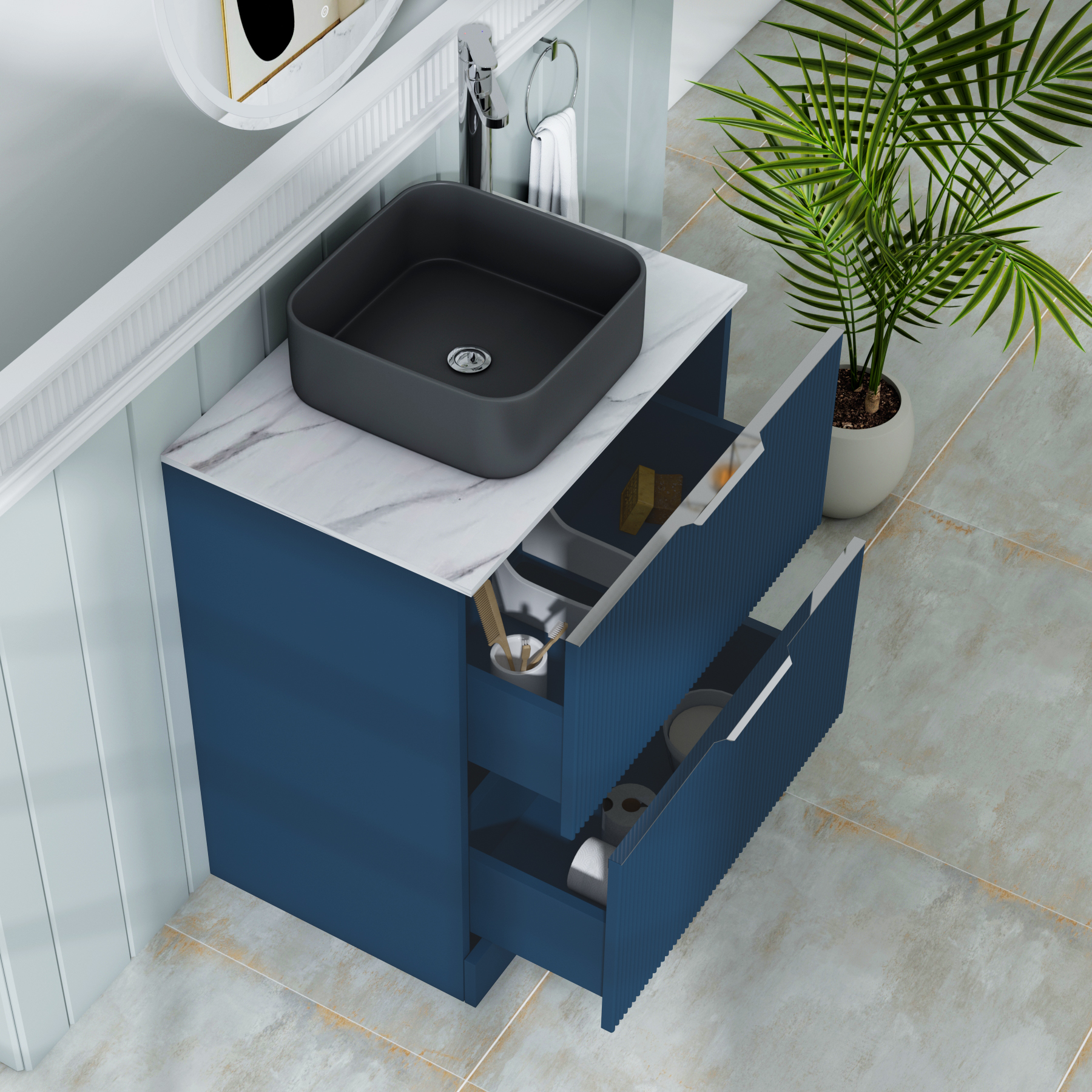 Evora 700mm Midnight Blue Fluted Floor Standing Countertop Vanity Unit 2 Drawer with Art Square Basin