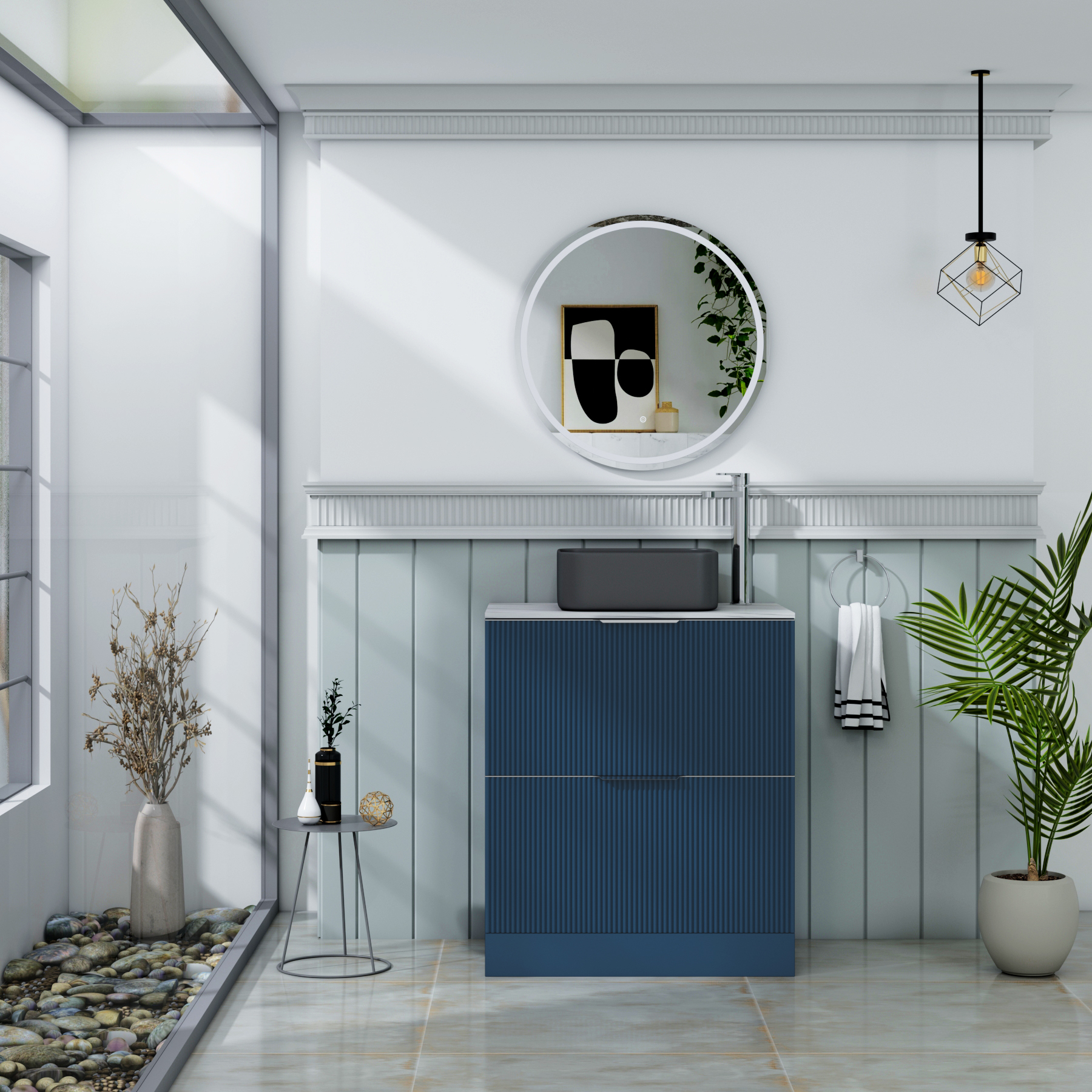 Evora 700mm Midnight Blue Fluted Floor Standing Countertop Vanity Unit 2 Drawer with Art Square Basin