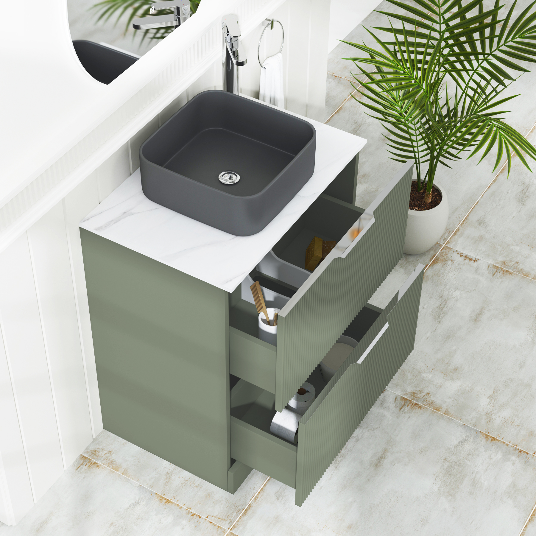 Evora 700mm Sage Green Fluted Floor Standing Countertop Vanity Unit 2 Drawer with Art Square Basin