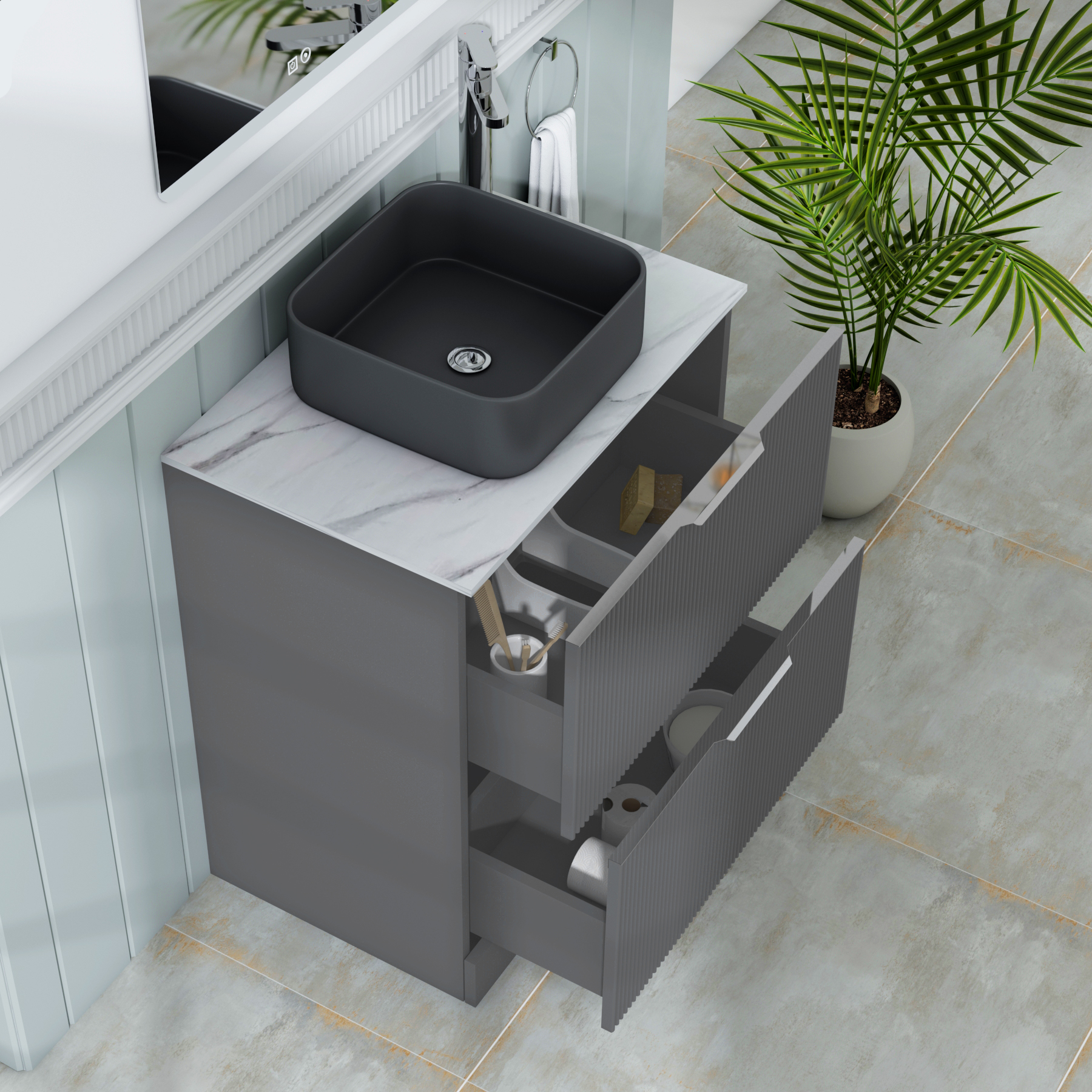 Evora 700mm Graphite Grey Fluted Floor Standing Countertop Vanity Unit 2 Drawer with Art Square Basin