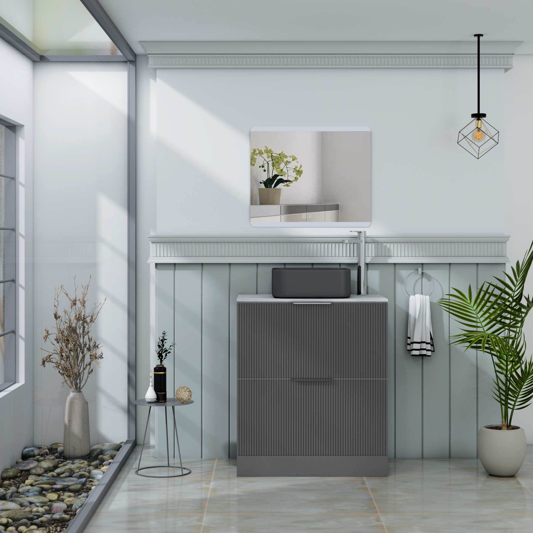 Evora 700mm Graphite Grey Fluted Floor Standing Countertop Vanity Unit 2 Drawer with Art Square Basin