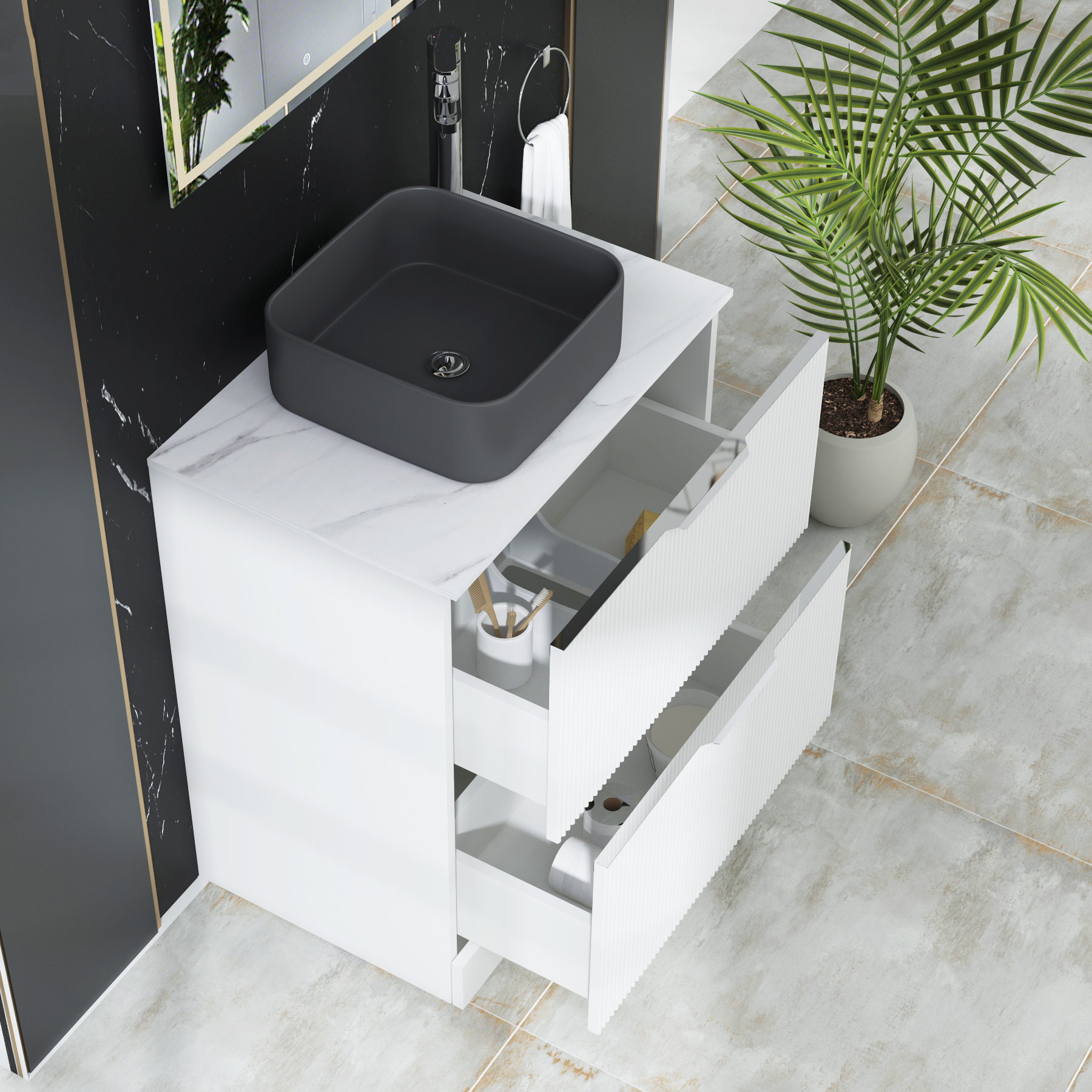 Evora 700mm Matt White Fluted Floor Standing Countertop Vanity Unit 2 Drawer with Art Square Basin