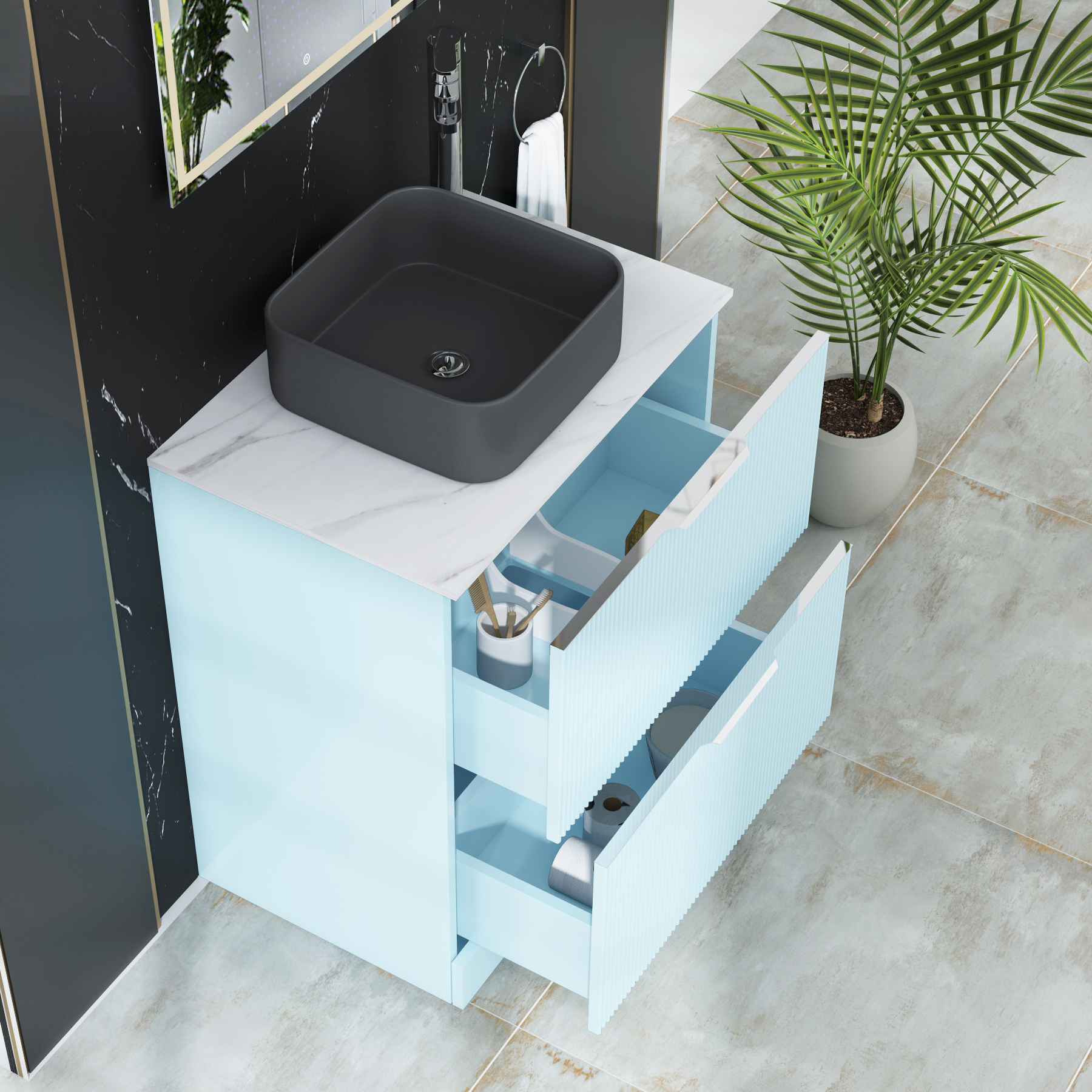 Evora 700mm Powder Blue Fluted Floor Standing Countertop Vanity Unit 2 Drawer with Art Square Basin