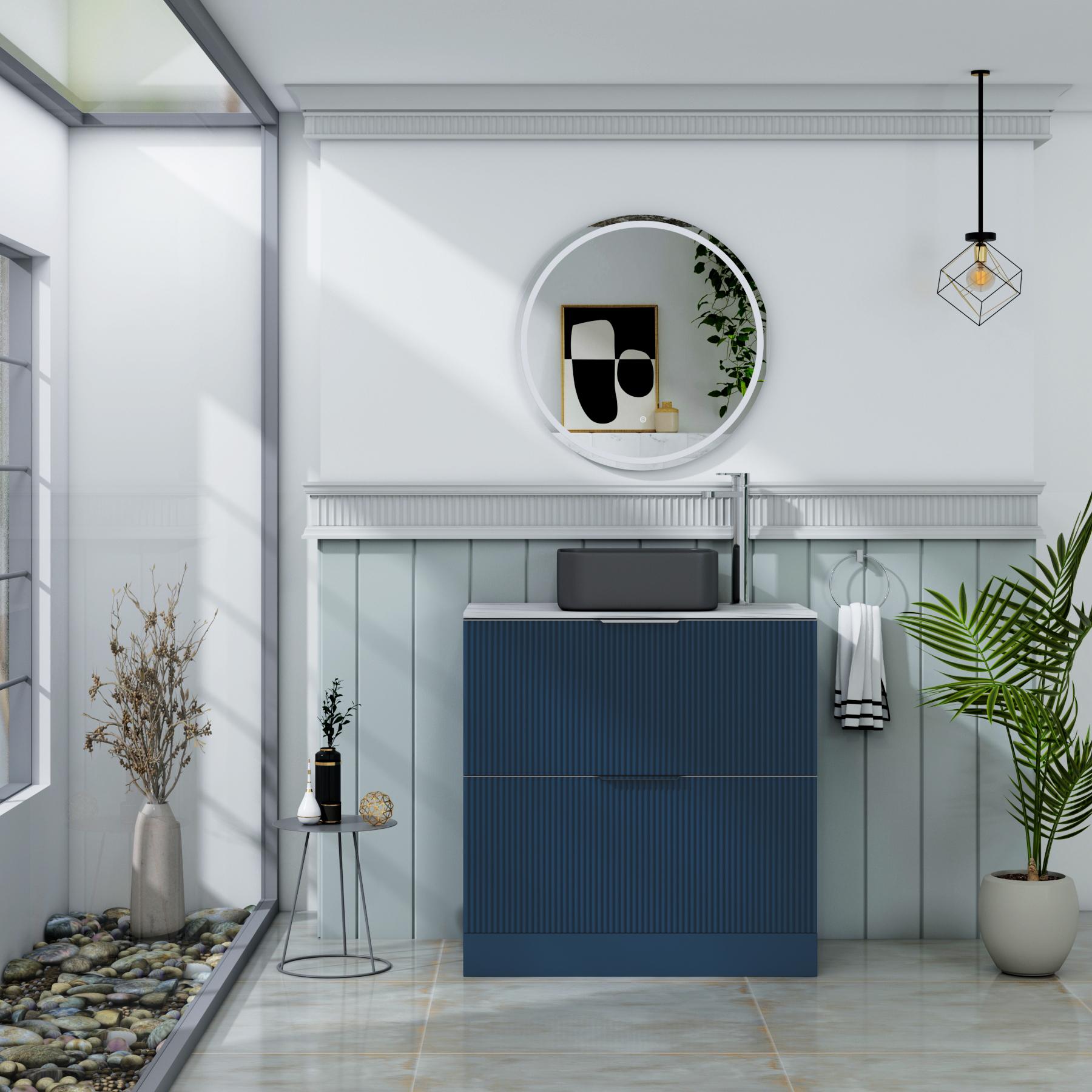 Evora Fluted 2 Drawer Midnight Blue Floor Standing Vanity Unit with Carrara White Top & Countertop Basin