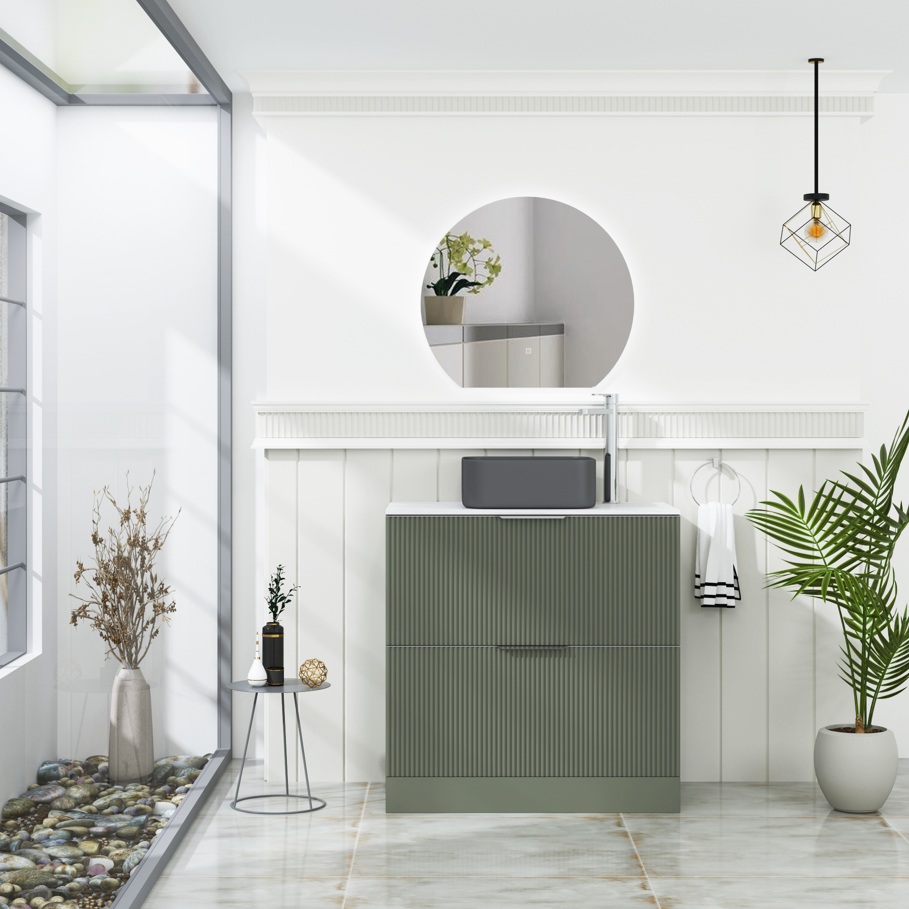 Evora Fluted 2 Drawer Sage Green Floor Standing Vanity Unit with Carrara White Top & Countertop Basin