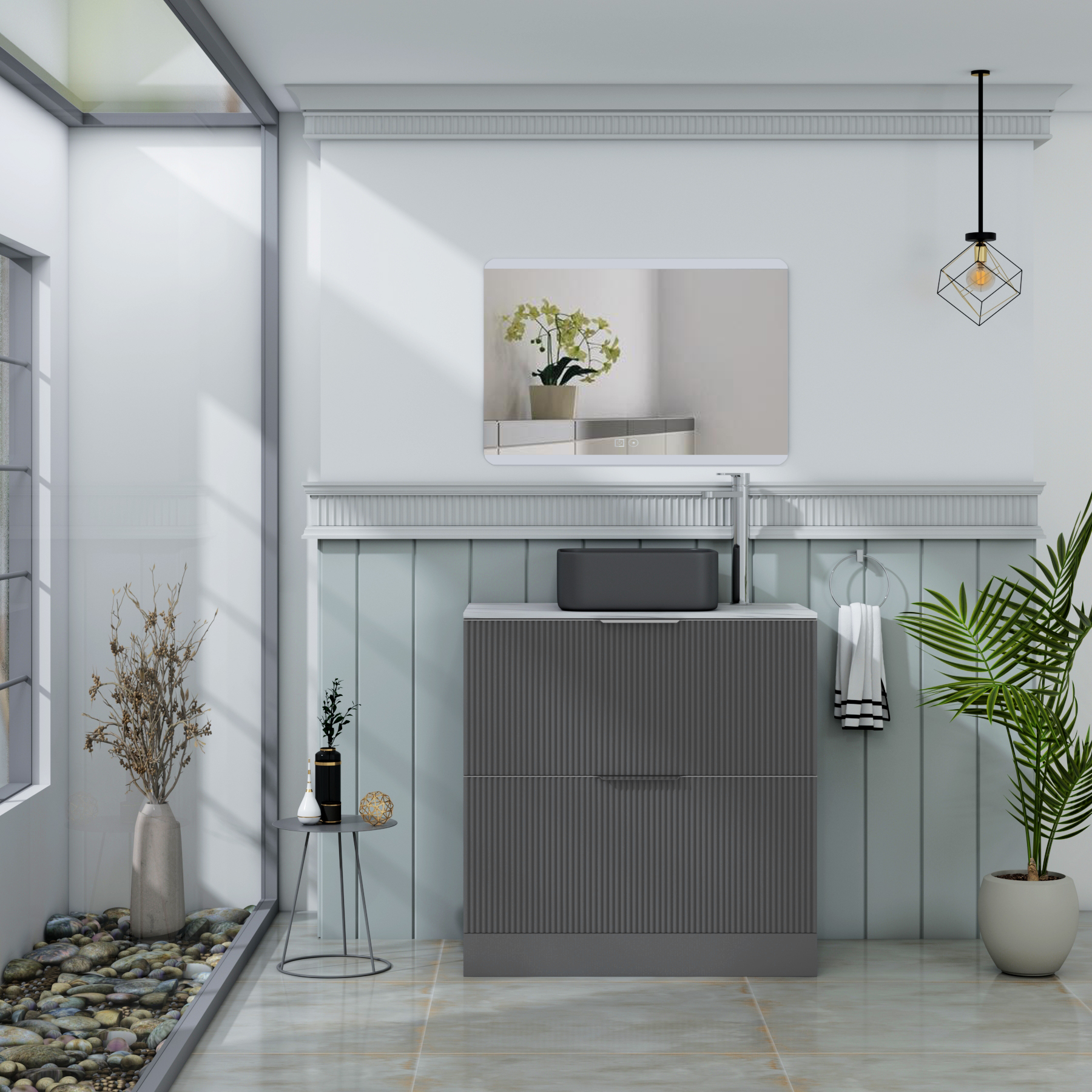 Evora Fluted 2 Drawer Graphite Grey Floor Standing Vanity Unit with Carrara White Top & Countertop Basin