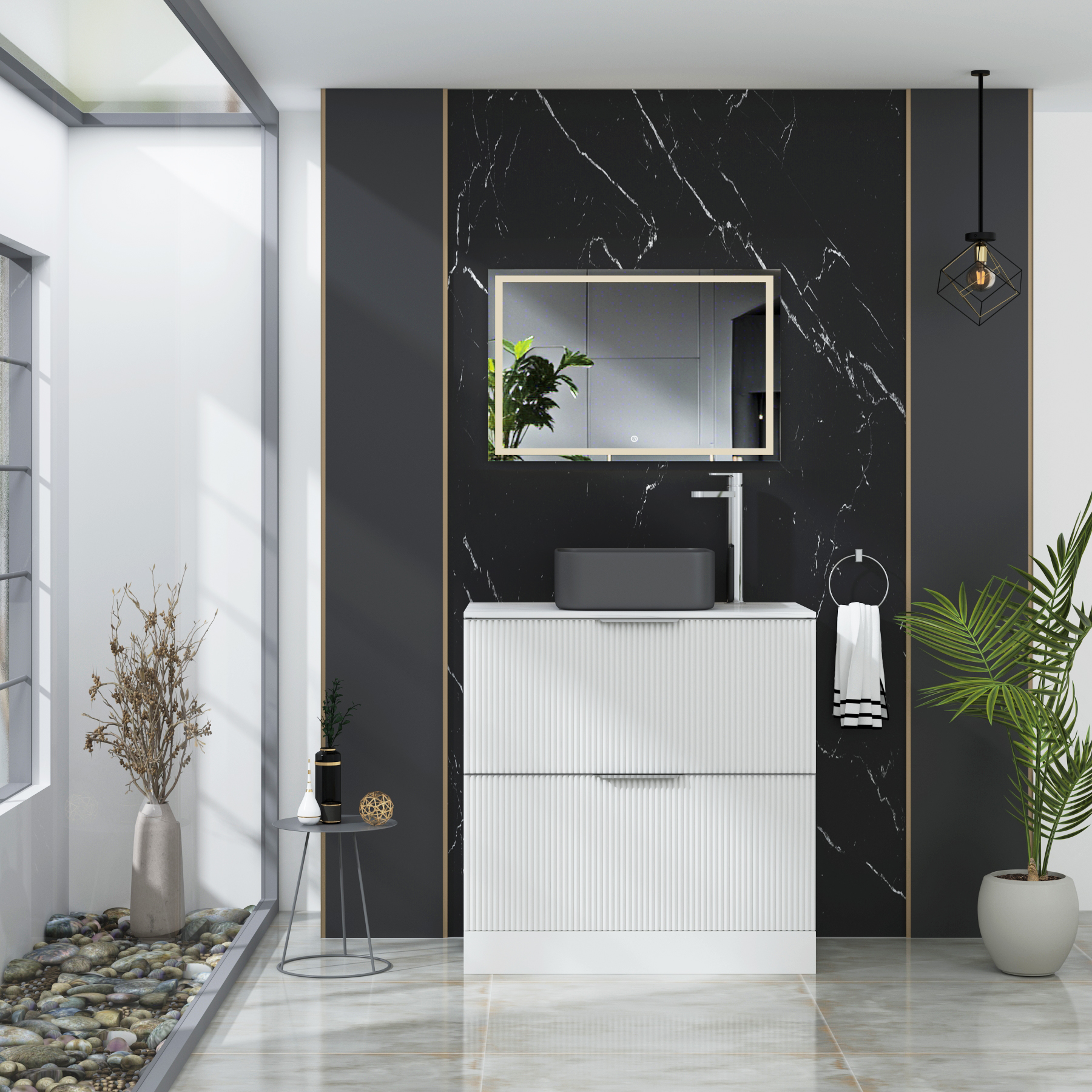 Evora Fluted 2 Drawer Matt White Floor Standing Vanity Unit with Carrara White Top & Countertop Basin