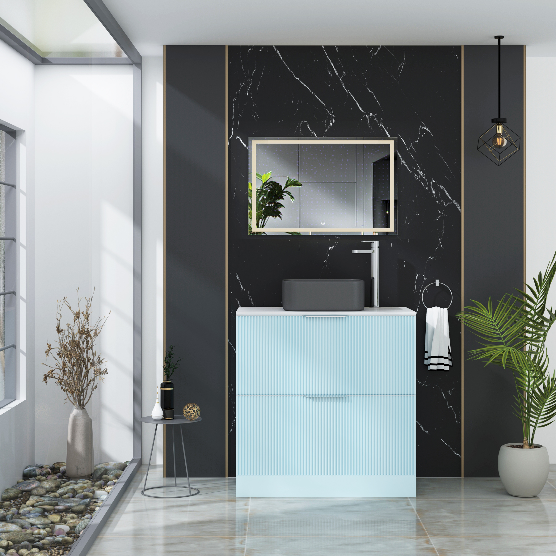 Evora Fluted 2 Drawer Powder Blue Floor Standing Vanity Unit with Carrara White Top & Countertop Basin