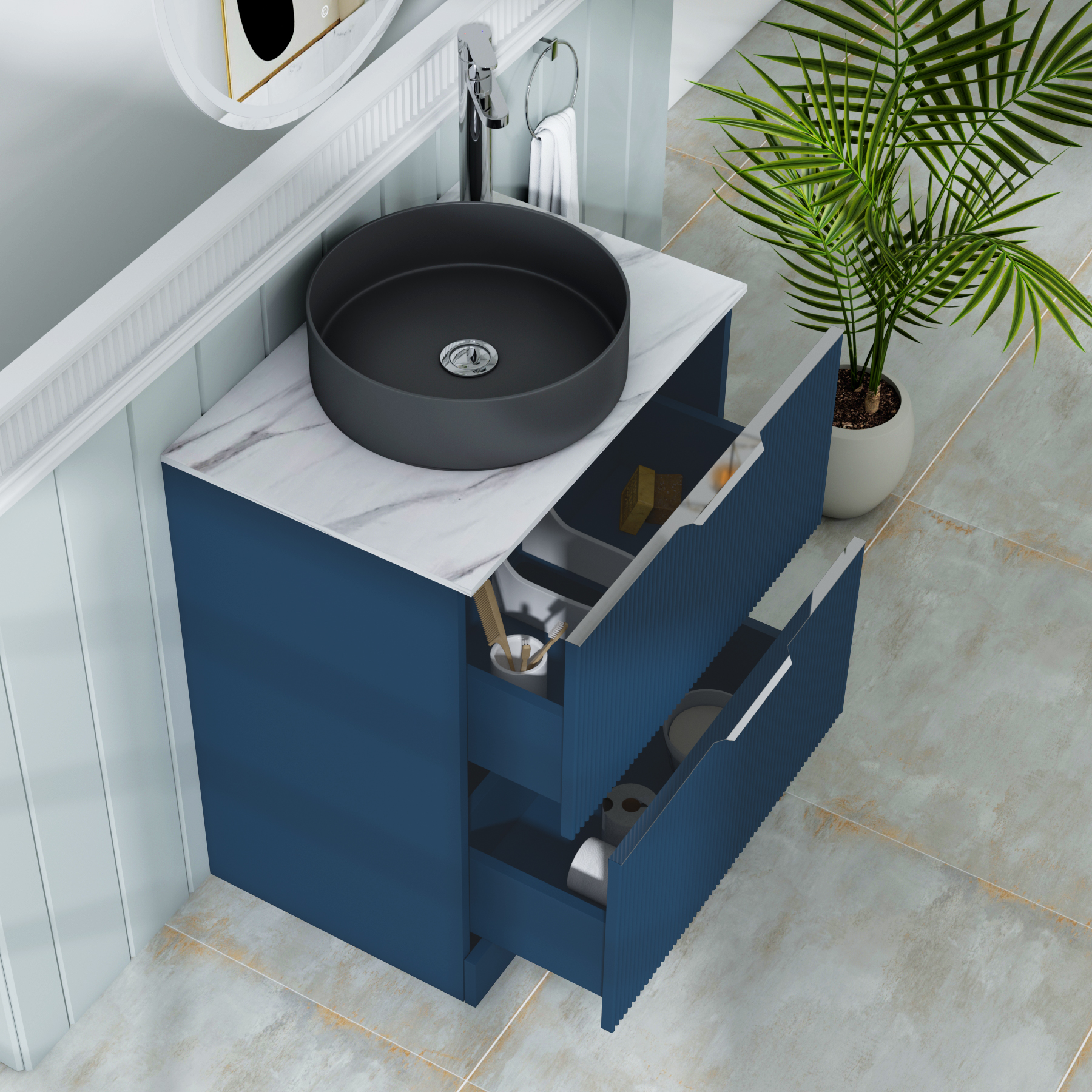 Evora 700mm Midnight Blue Fluted Floor Standing Countertop Vanity Unit 2 Drawer with Art Round Basin