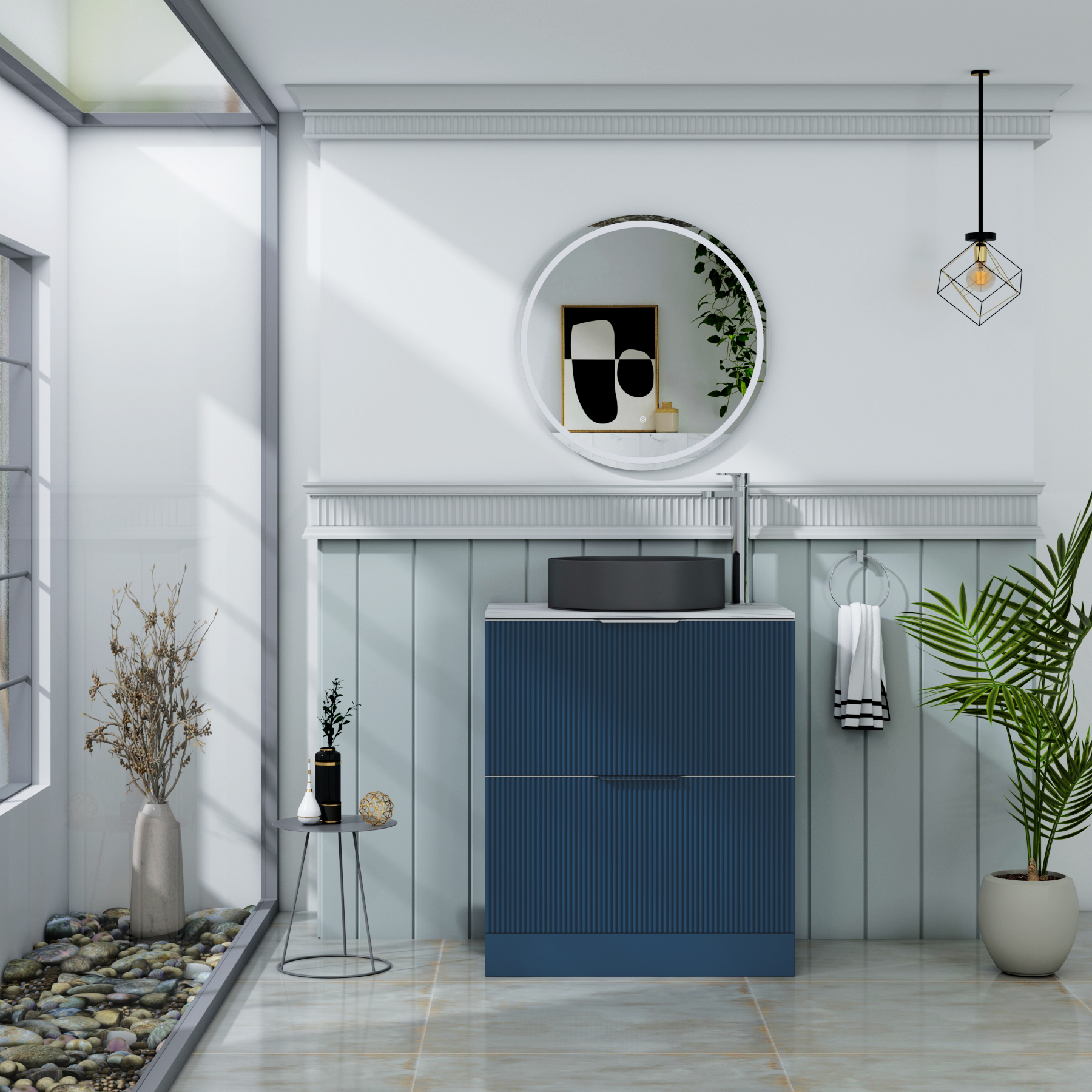 Evora 700mm Midnight Blue Fluted Floor Standing Countertop Vanity Unit 2 Drawer with Art Round Basin