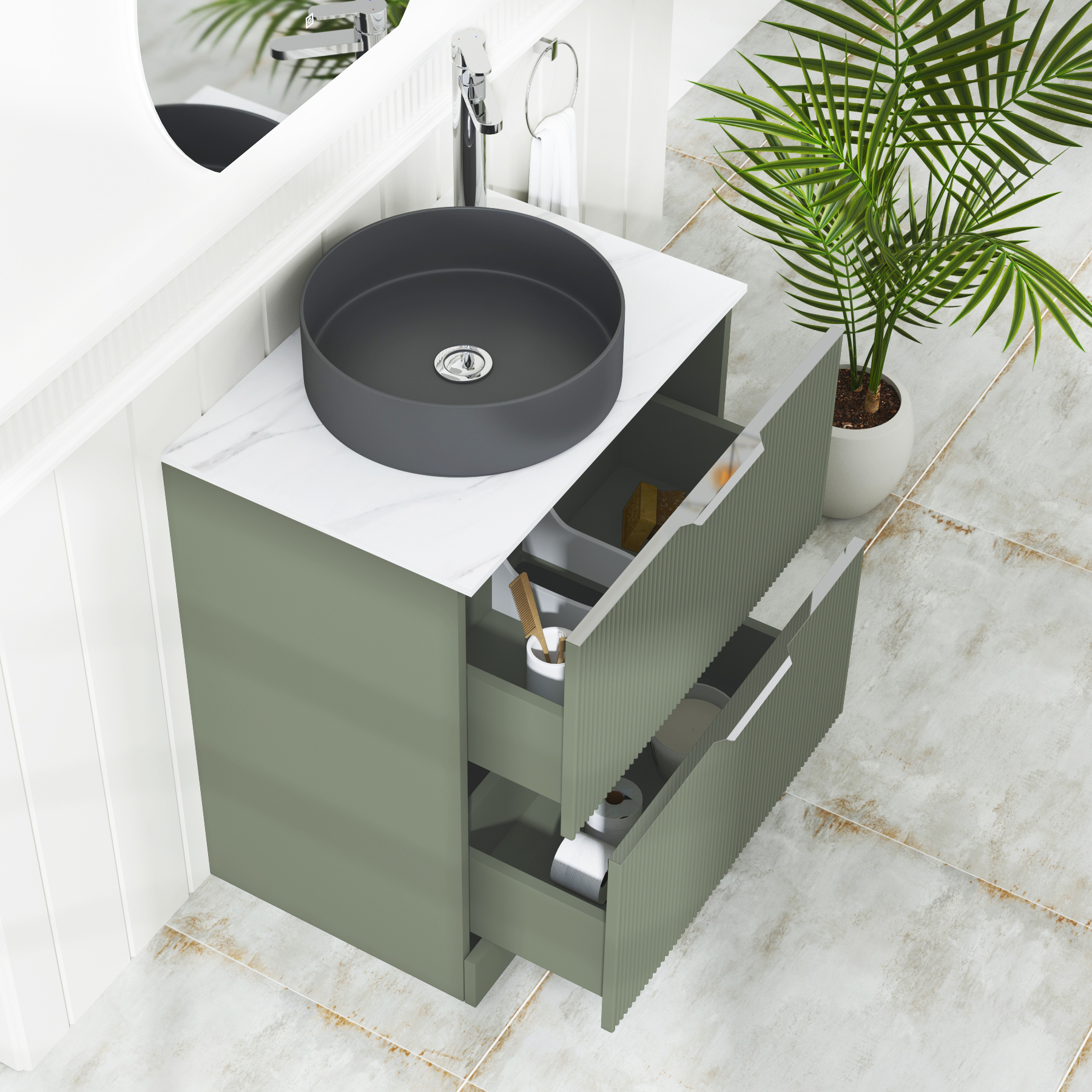 Evora 700mm Sage Green Fluted Floor Standing Countertop Vanity Unit 2 Drawer with Art Round Basin