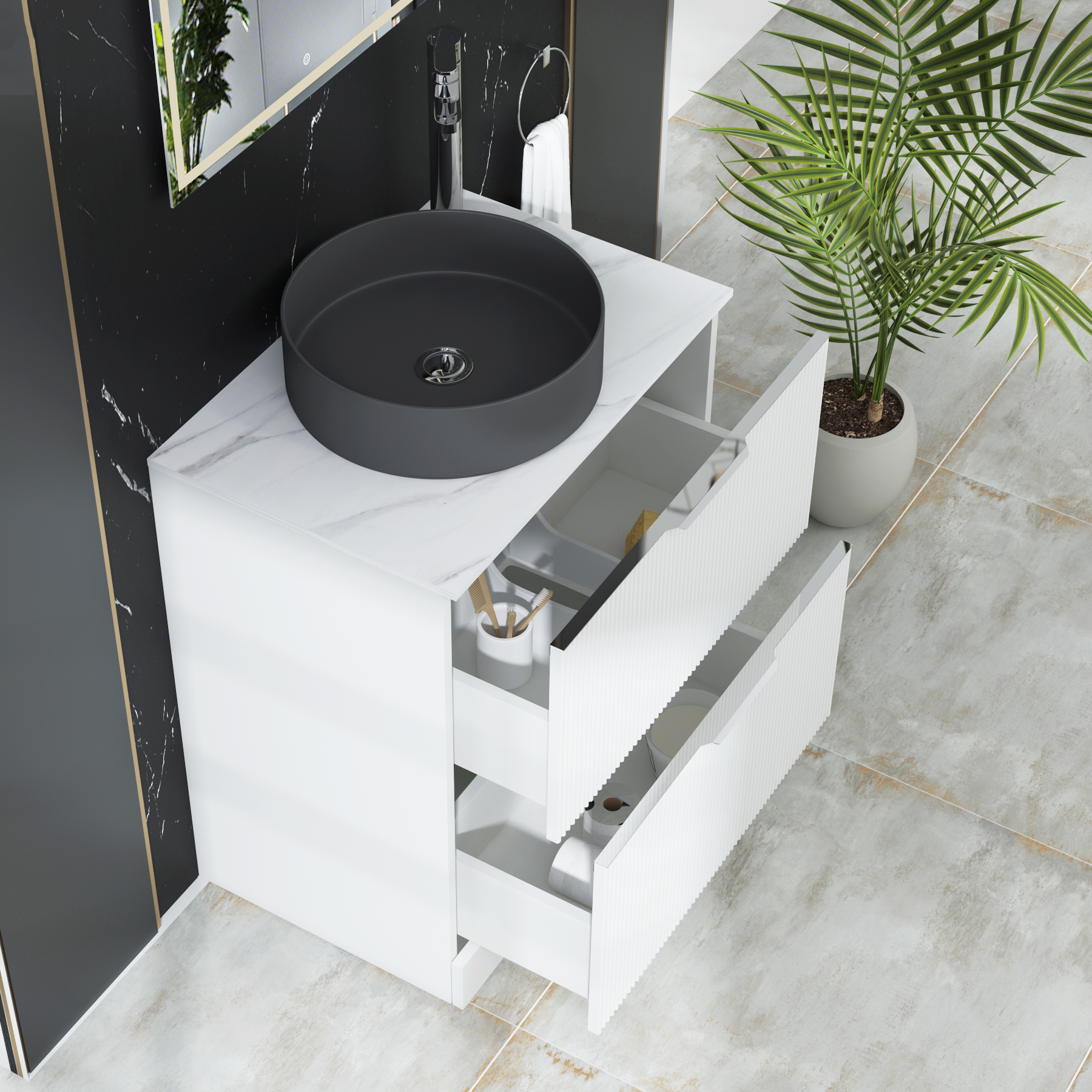 Evora 700mm Matt White Fluted Floor Standing Countertop Vanity Unit 2 Drawer with Art Round Basin