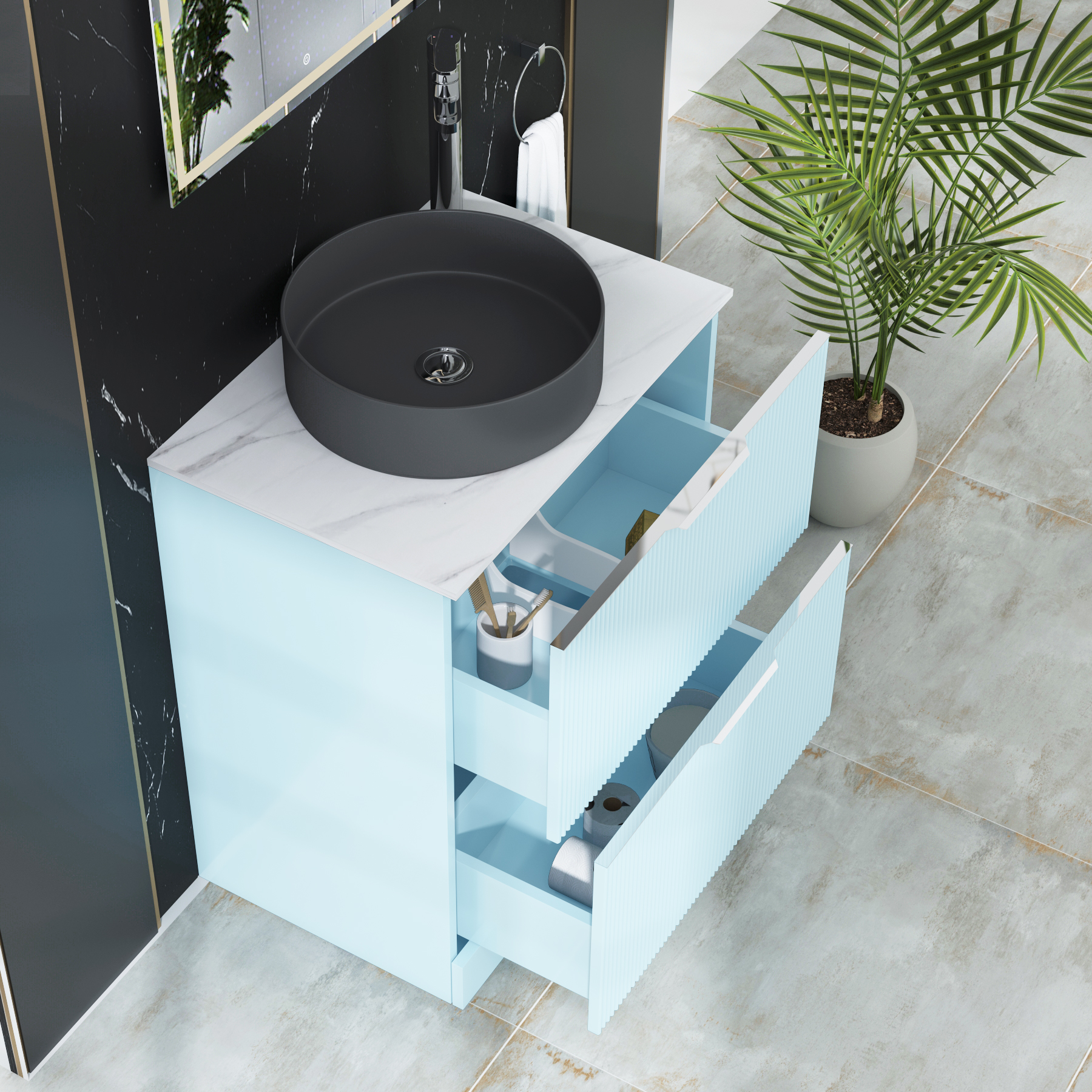 Evora 700mm Powder Blue Fluted Floor Standing Countertop Vanity Unit 2 Drawer with Art Round Basin