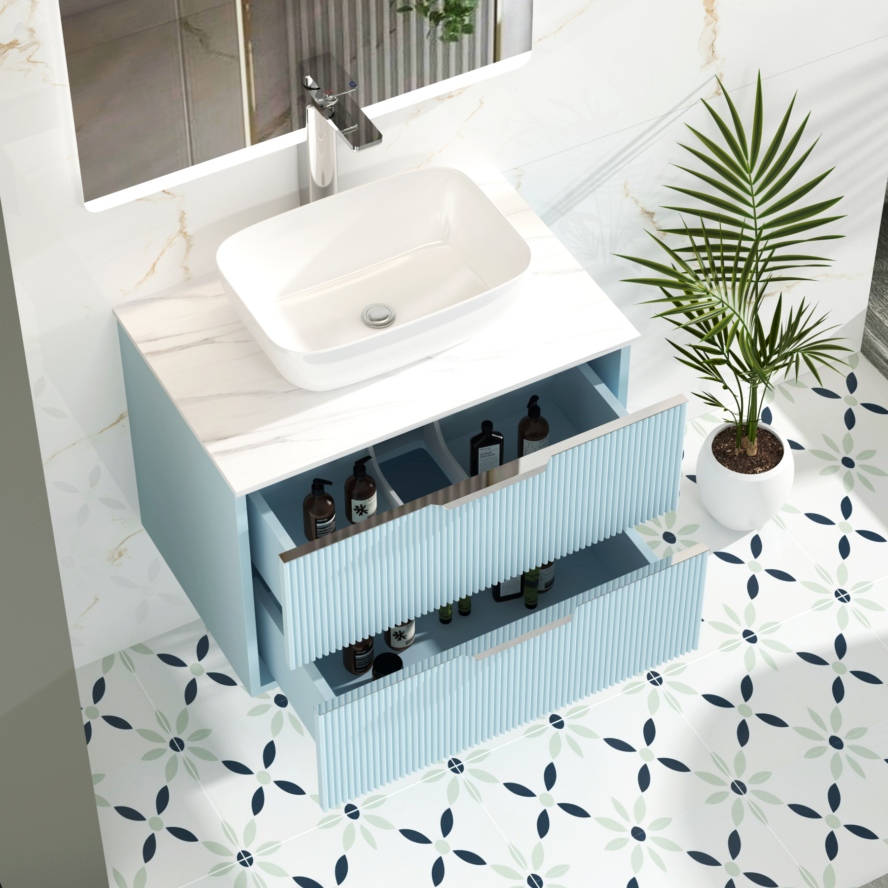 Evora 700mm Powder Blue Fluted Wall Hung Vanity Unit 2 Drawer with Countertop Basin - Elva