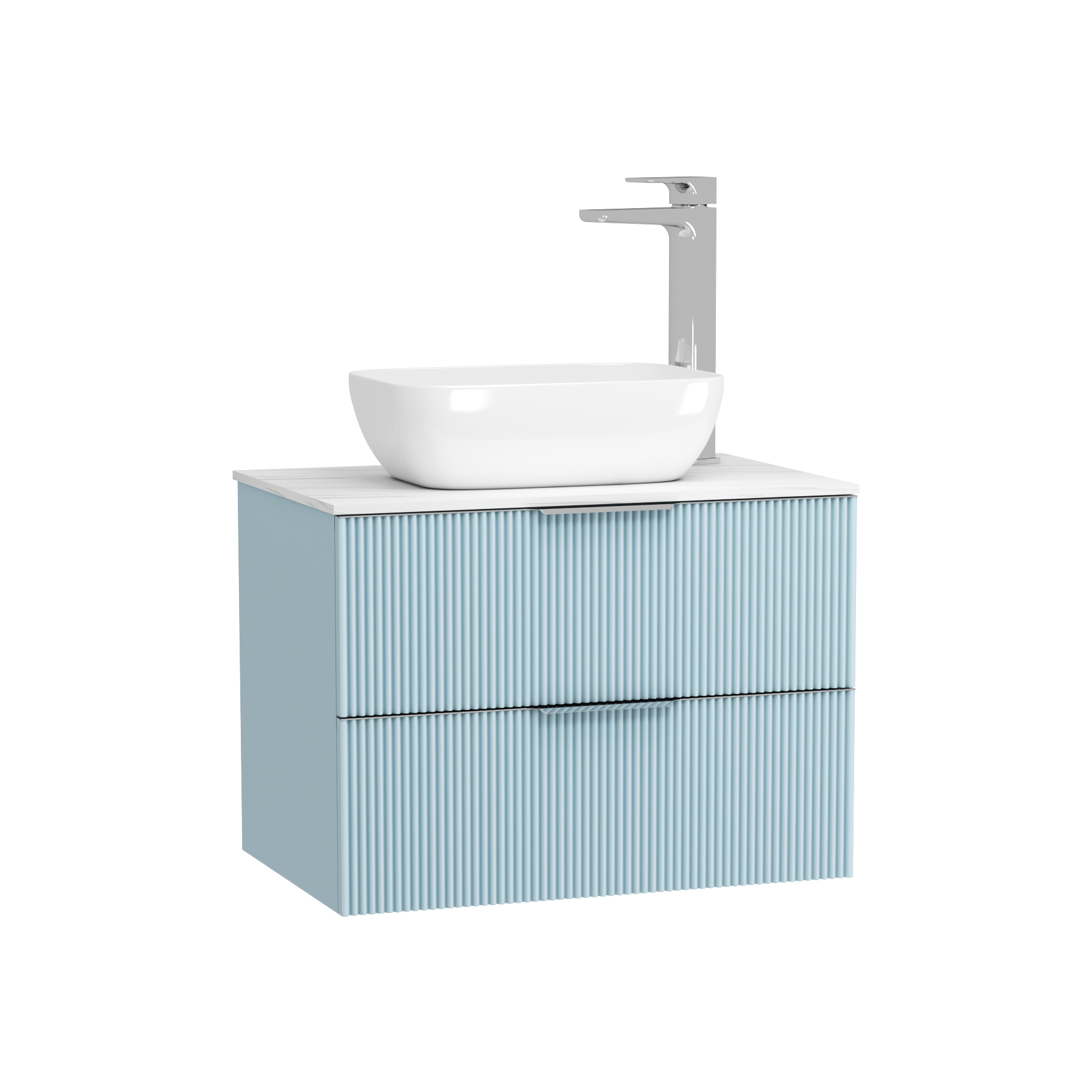 Evora 700mm Powder Blue Fluted Wall Hung Vanity Unit 2 Drawer with Countertop Basin - Elva