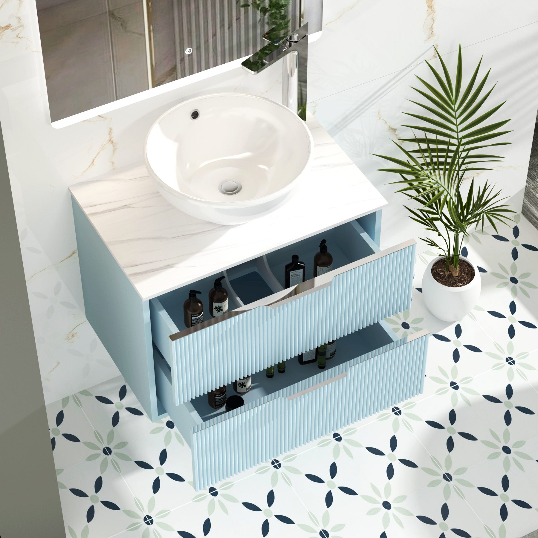 Evora 700mm Powder Blue Fluted Wall Hung Vanity Unit 2 Drawer with Countertop Basin - Breeze